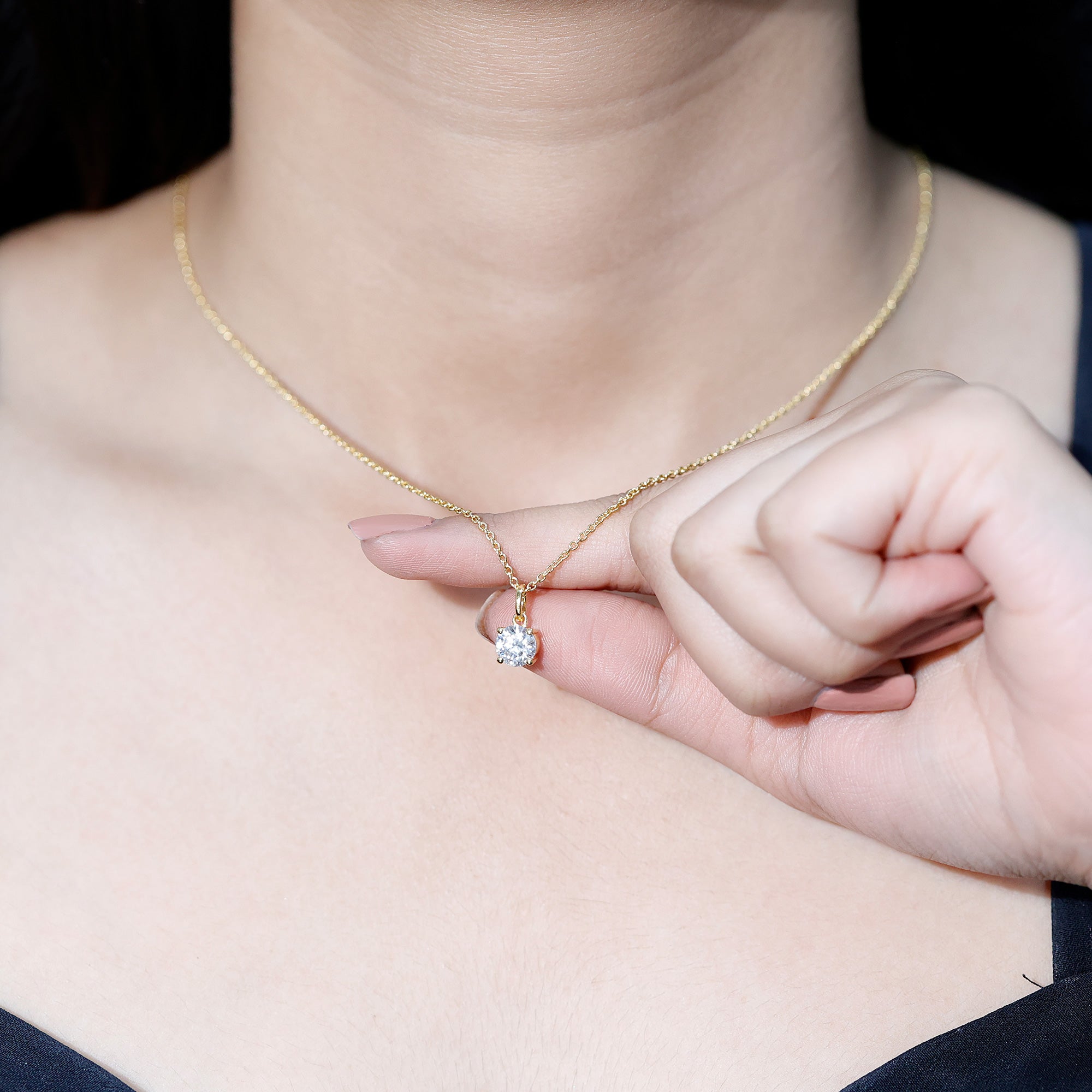 Certified 1 Carat Round Brilliant Cut Moissanite Solitaire Necklace With Silver Chain D-VS1 14K Yellow Gold Plated Silver - Rosec Jewels