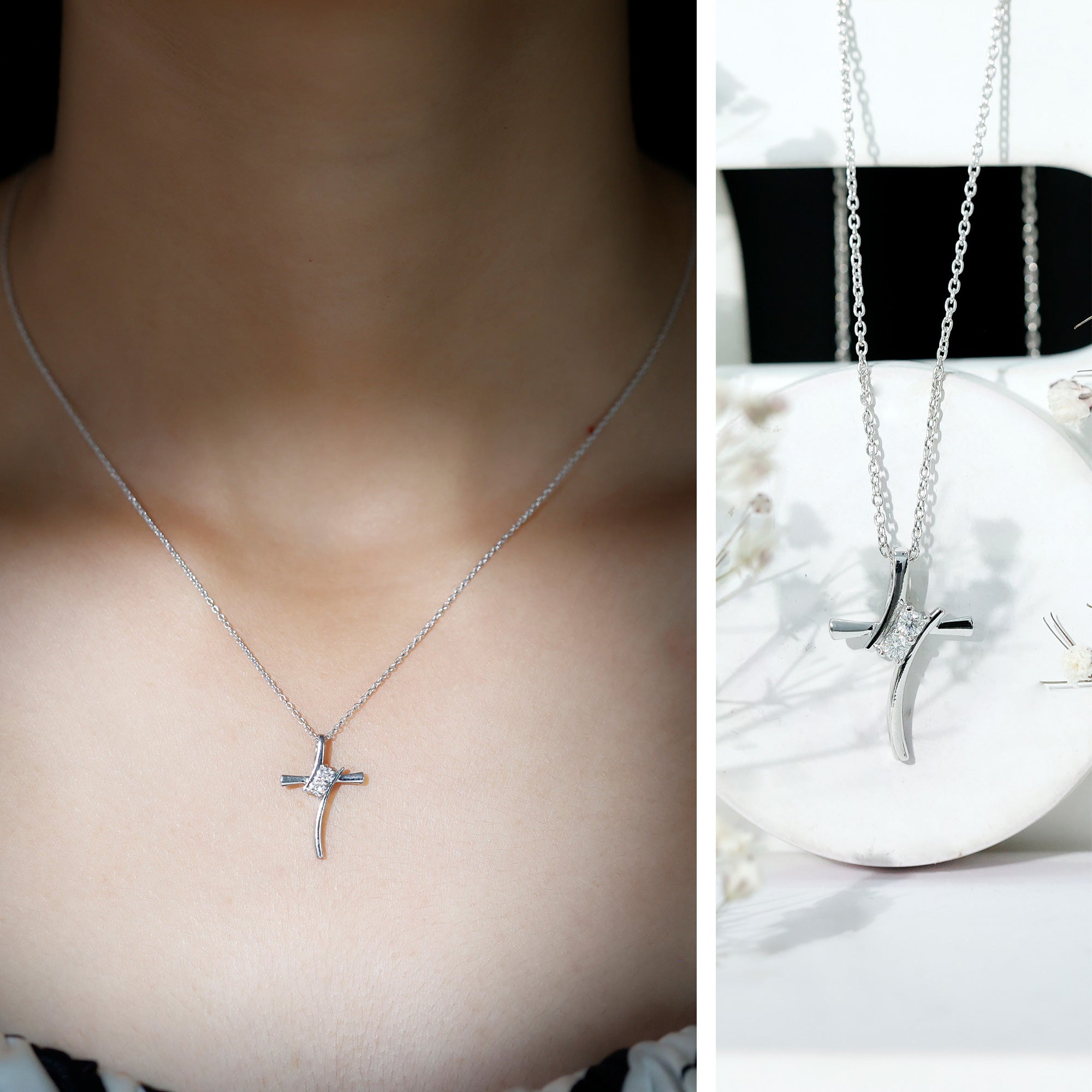Certified Moissanite Cross Pendant Necklace in sterling Silver D-VS1 92.5 Sterling Silver - Rosec Jewels