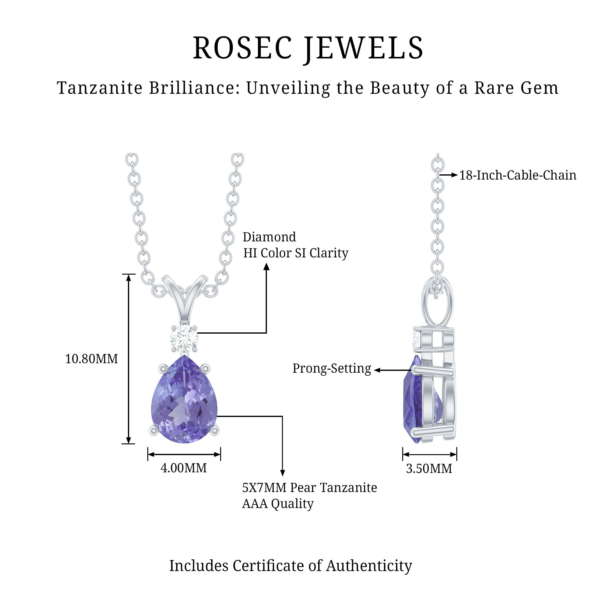 Real Tanzanite Teardrop Pendant Necklace with Diamond AAA - Rosec Jewels