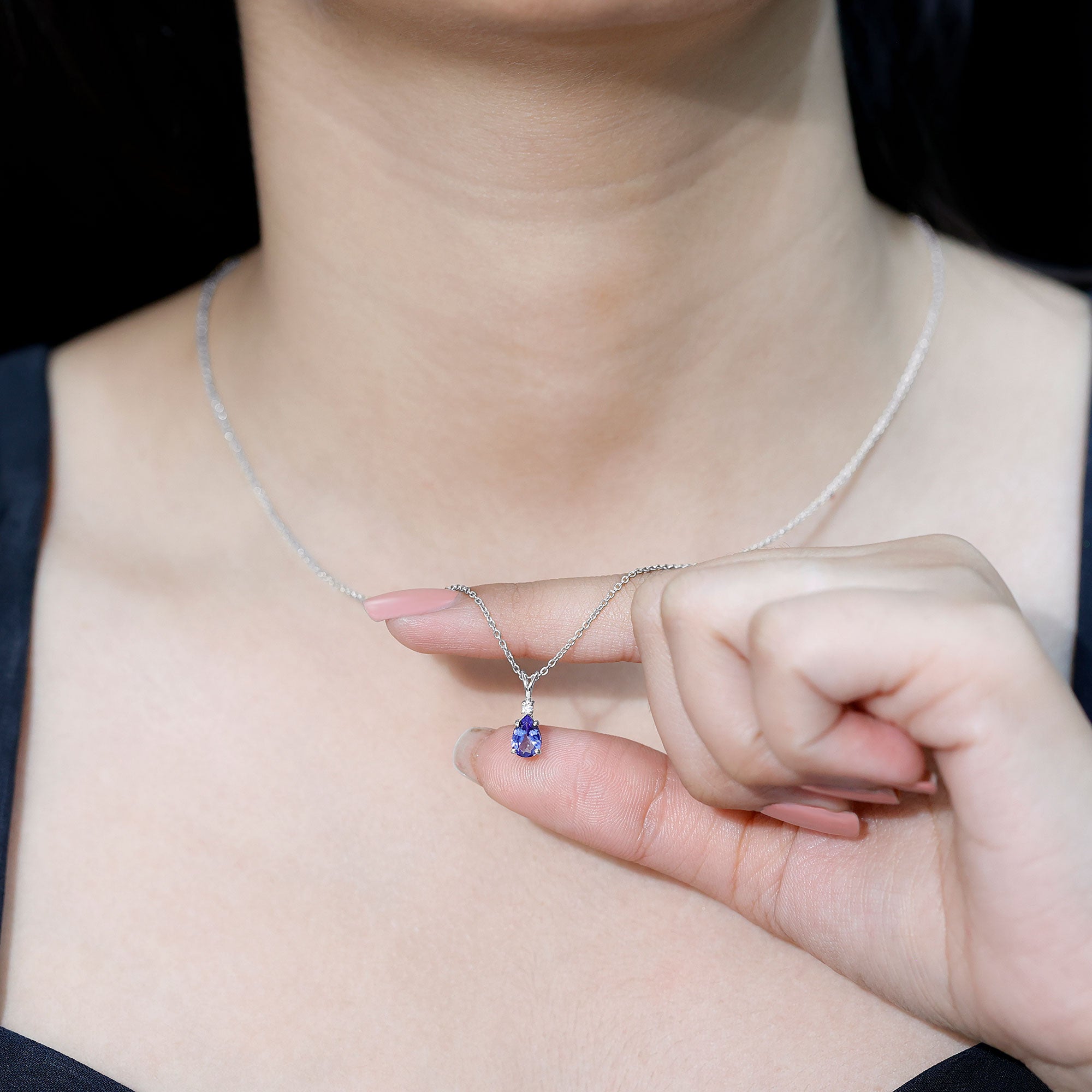 Real Tanzanite Teardrop Pendant Necklace with Diamond AAA - Rosec Jewels