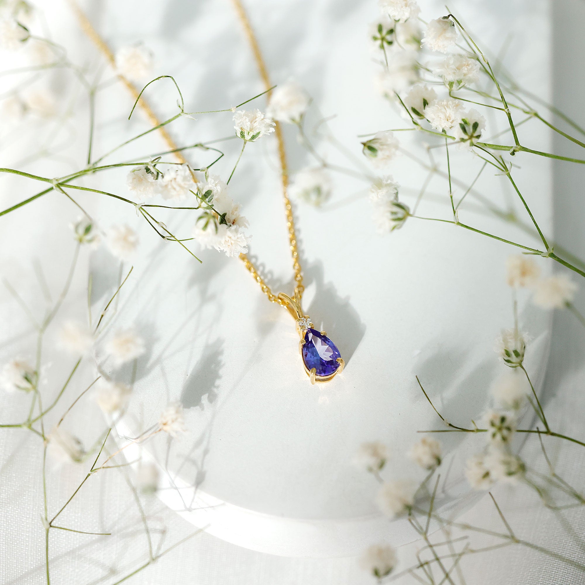 Real Tanzanite Teardrop Pendant Necklace with Diamond AAA - Rosec Jewels