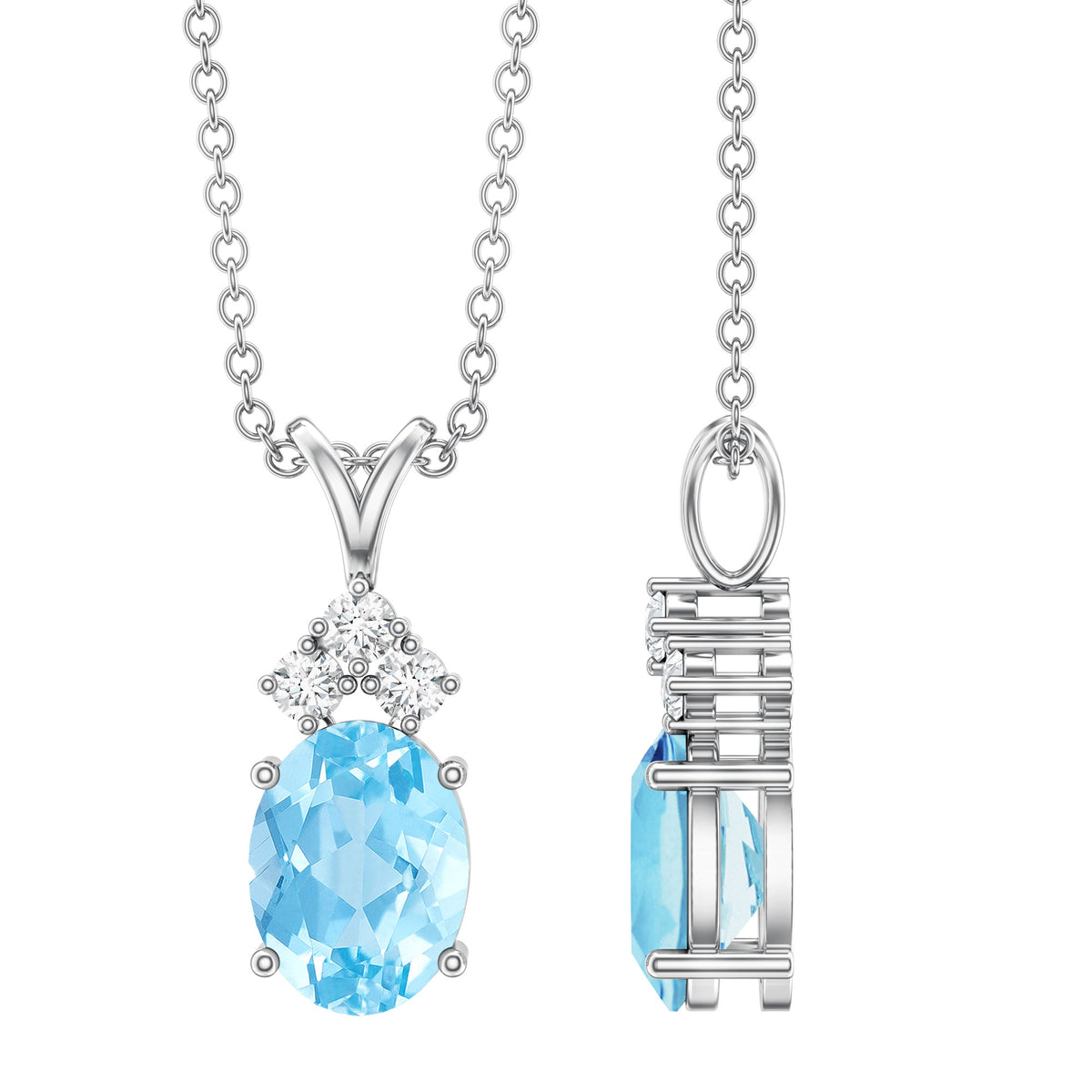 Real 1 Carat Oval Cut Aquamarine Pendant Necklace with Diamond Trio AAA - Rosec Jewels