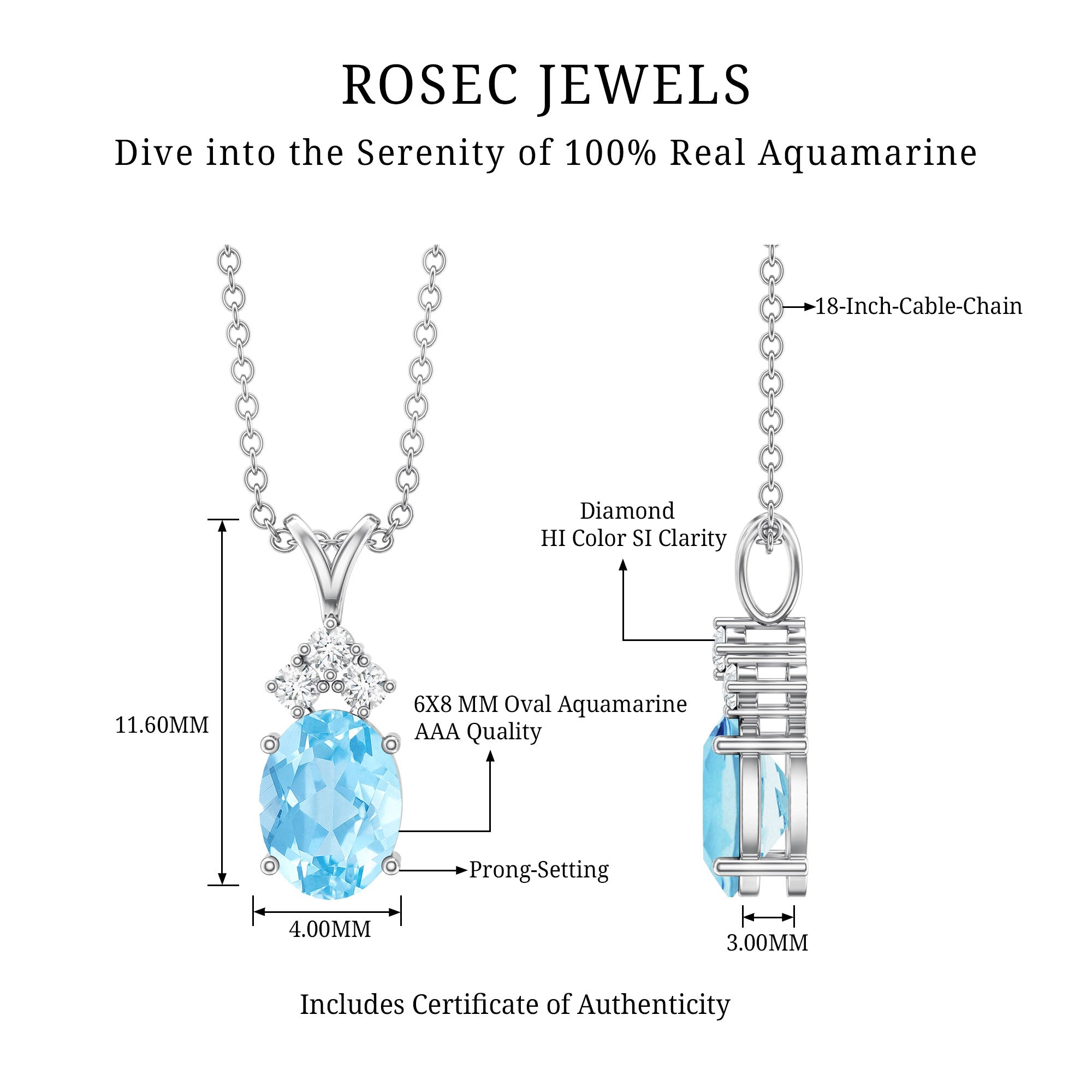 Real 1 Carat Oval Cut Aquamarine Pendant Necklace with Diamond Trio AAA - Rosec Jewels