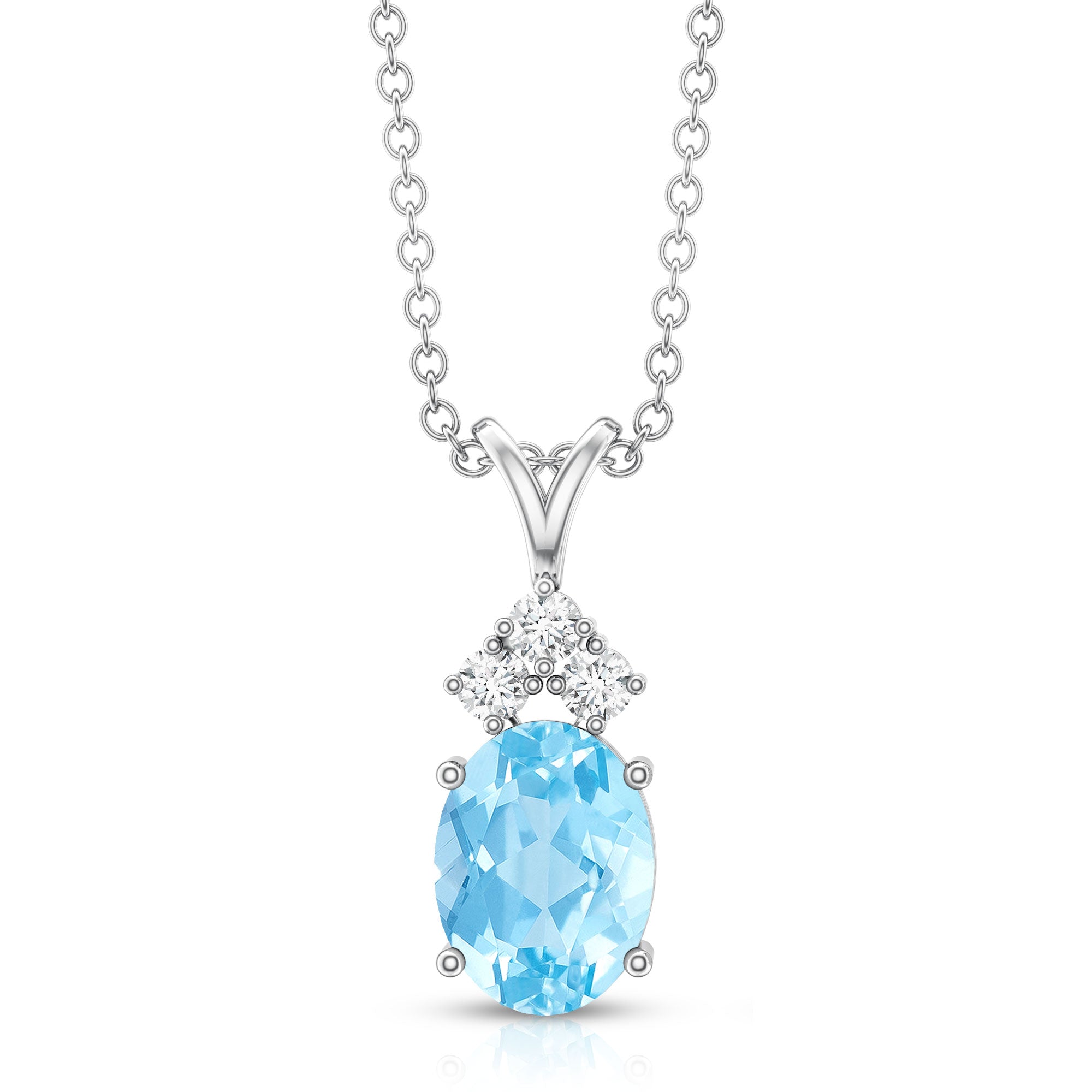 Real 1 Carat Oval Cut Aquamarine Pendant Necklace with Diamond Trio AAA - Rosec Jewels
