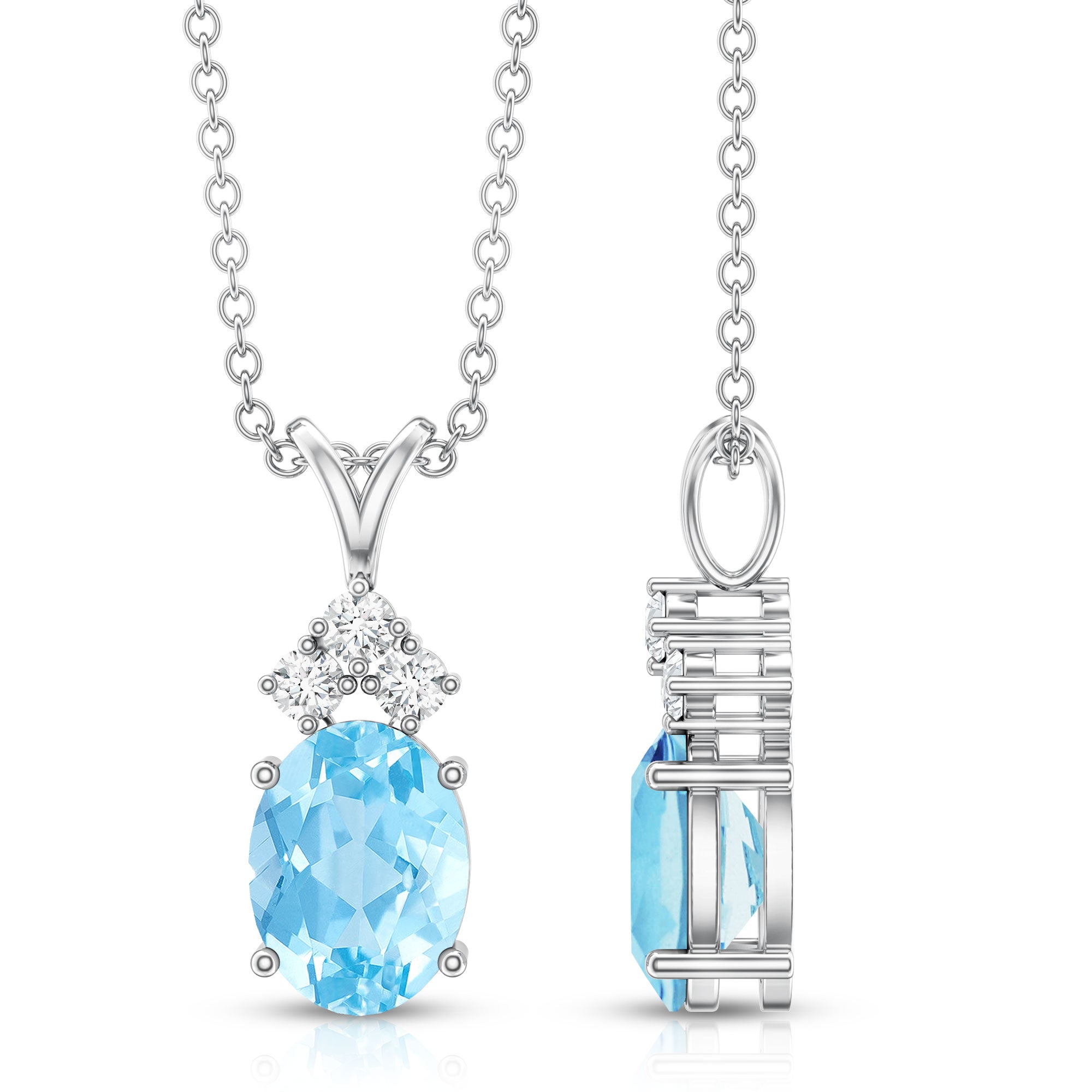 Real 1 Carat Oval Cut Aquamarine Pendant Necklace with Diamond Trio AAA - Rosec Jewels