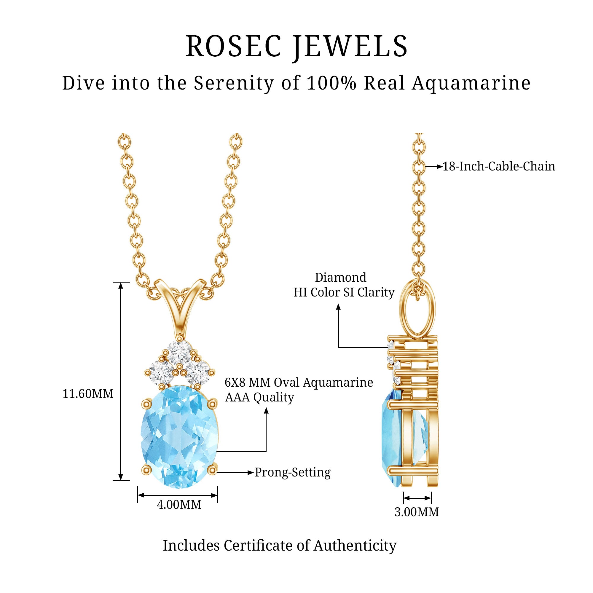 Real 1 Carat Oval Cut Aquamarine Pendant Necklace with Diamond Trio AAA - Rosec Jewels