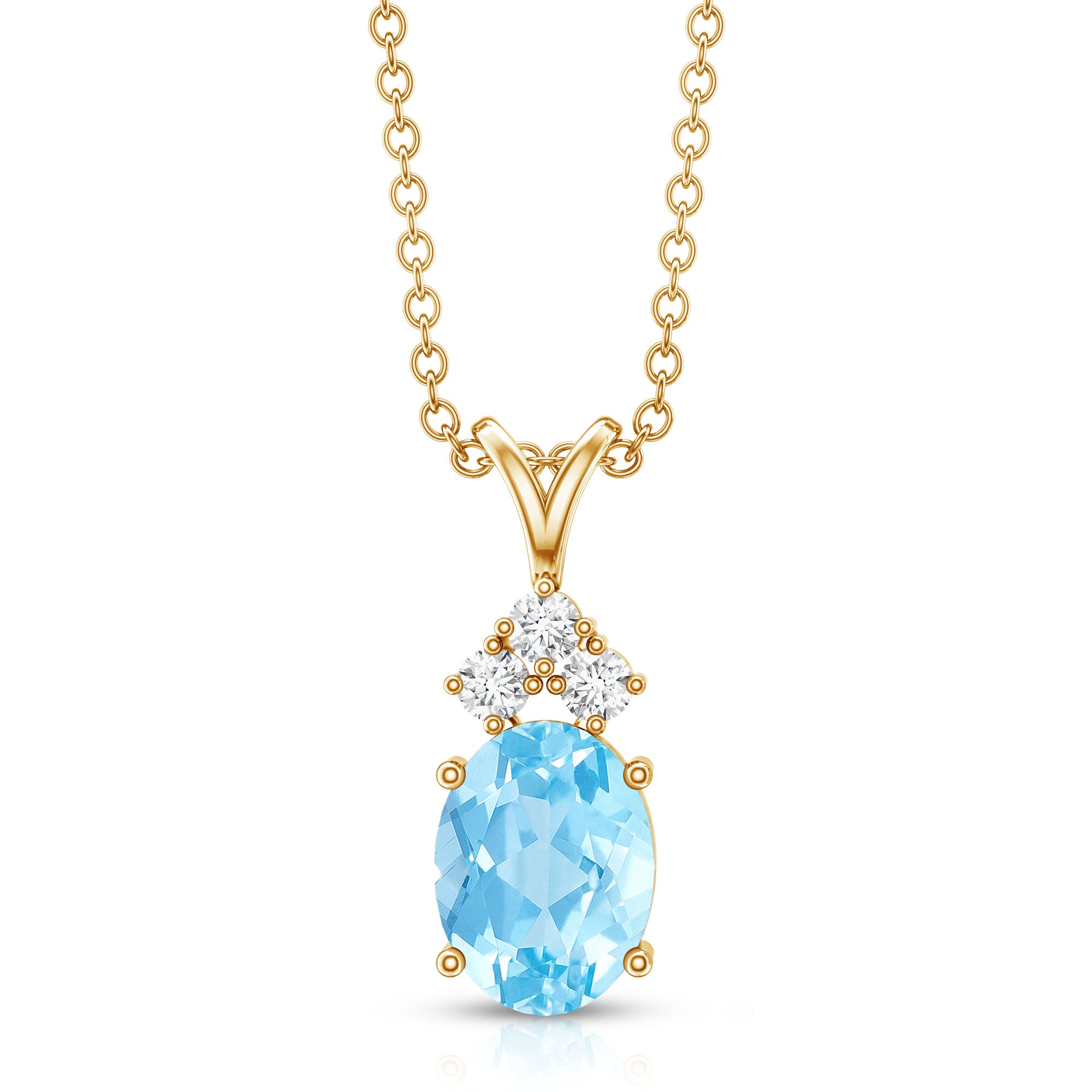Real 1 Carat Oval Cut Aquamarine Pendant Necklace with Diamond Trio AAA - Rosec Jewels