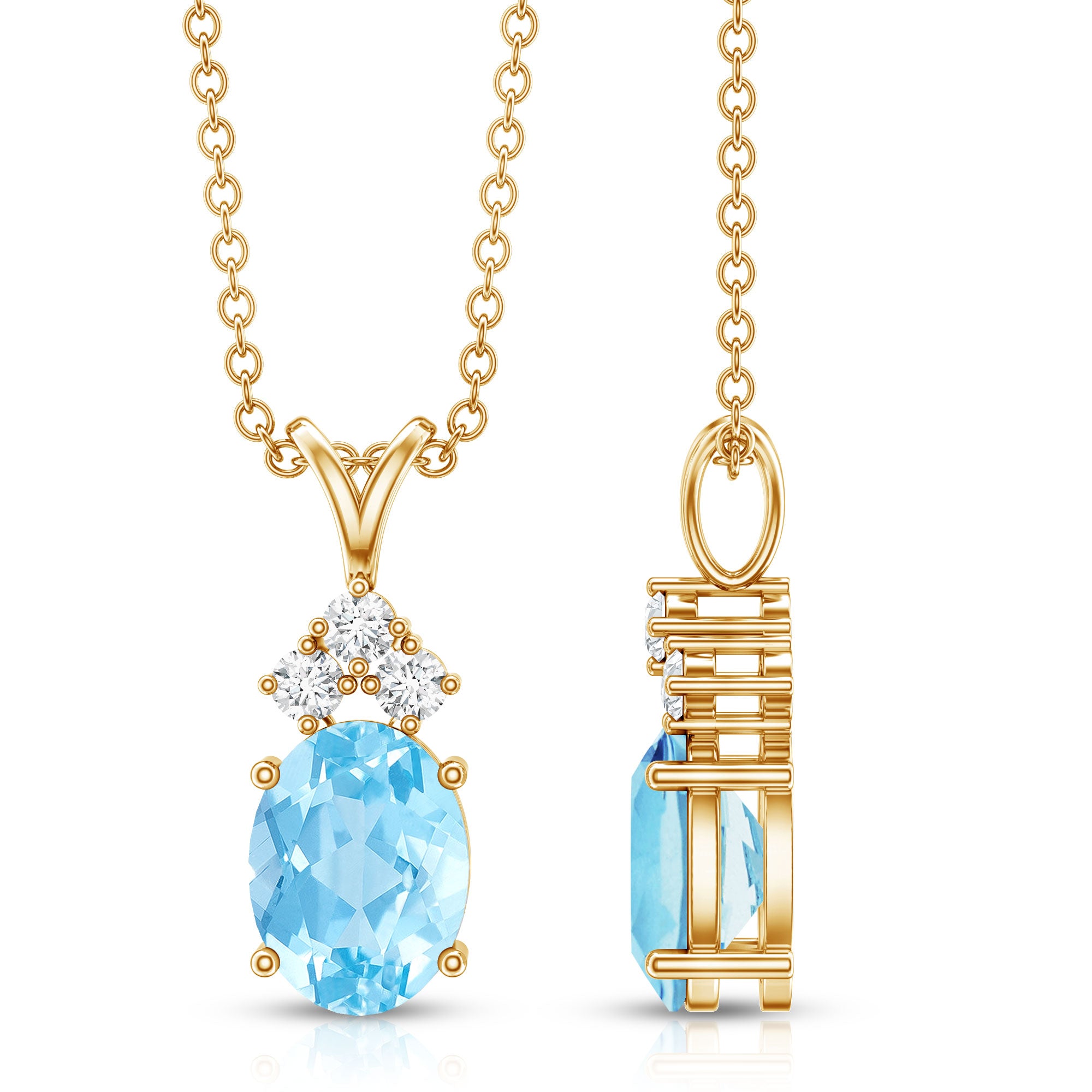 Real 1 Carat Oval Cut Aquamarine Pendant Necklace with Diamond Trio AAA - Rosec Jewels