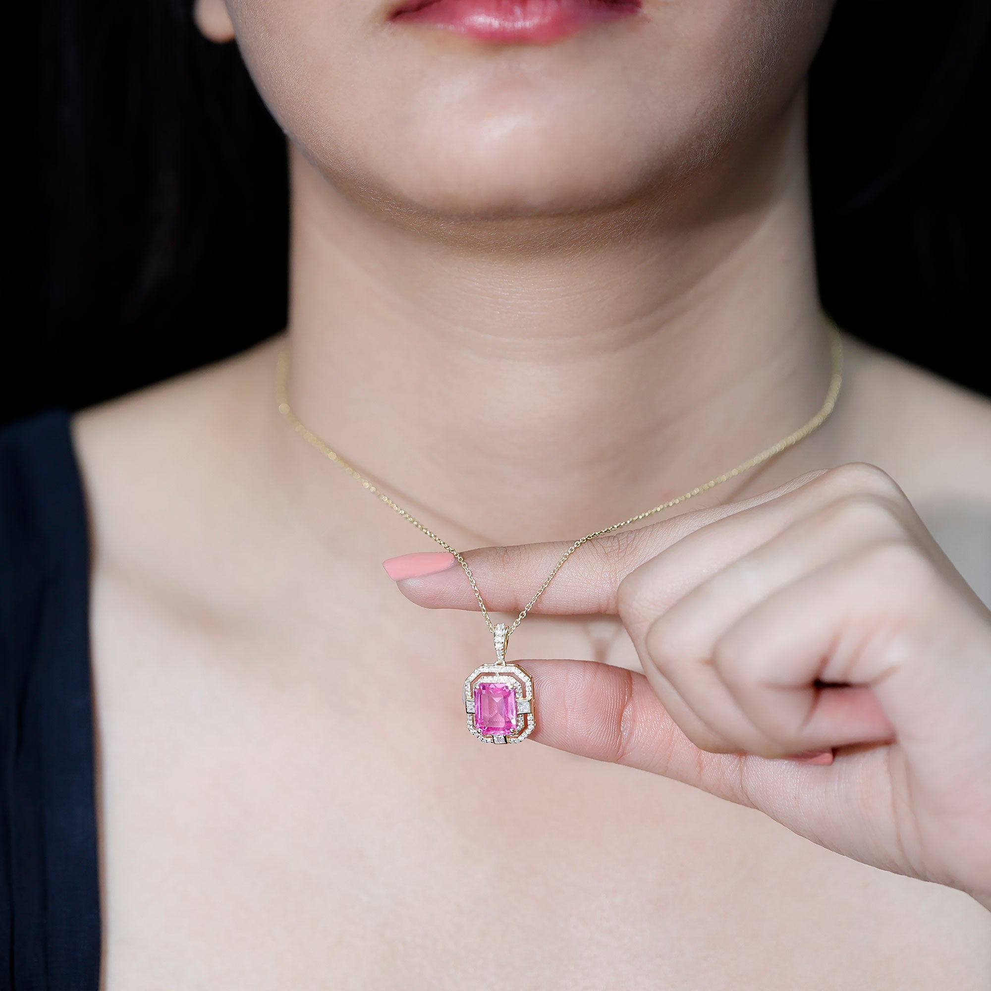 2.7 Carat Lab Created Pink Sapphire Emerald Cut Pendant with Moissanite AAAA - Rosec Jewels