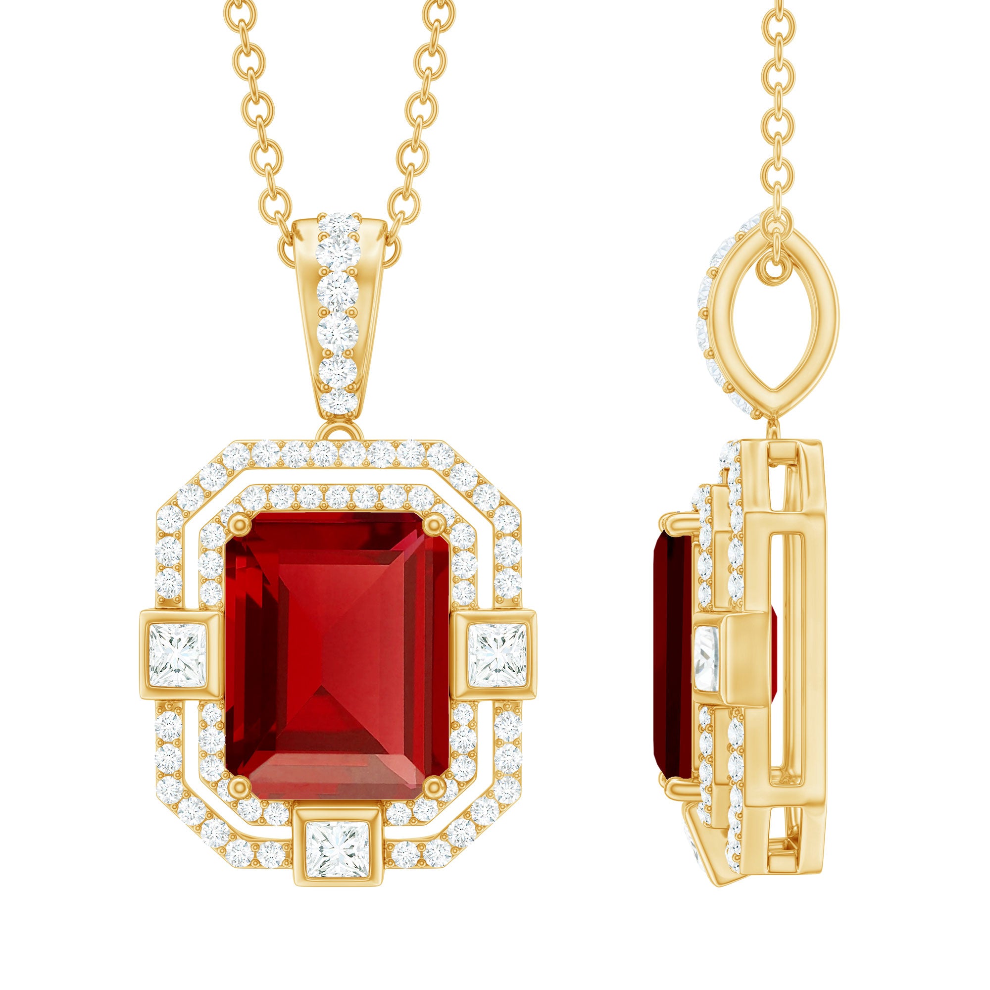 Vintage Inspired Octagon Created Ruby Pendant with Moissanite Lab Created Ruby - ( AAAA ) - Quality - Rosec Jewels