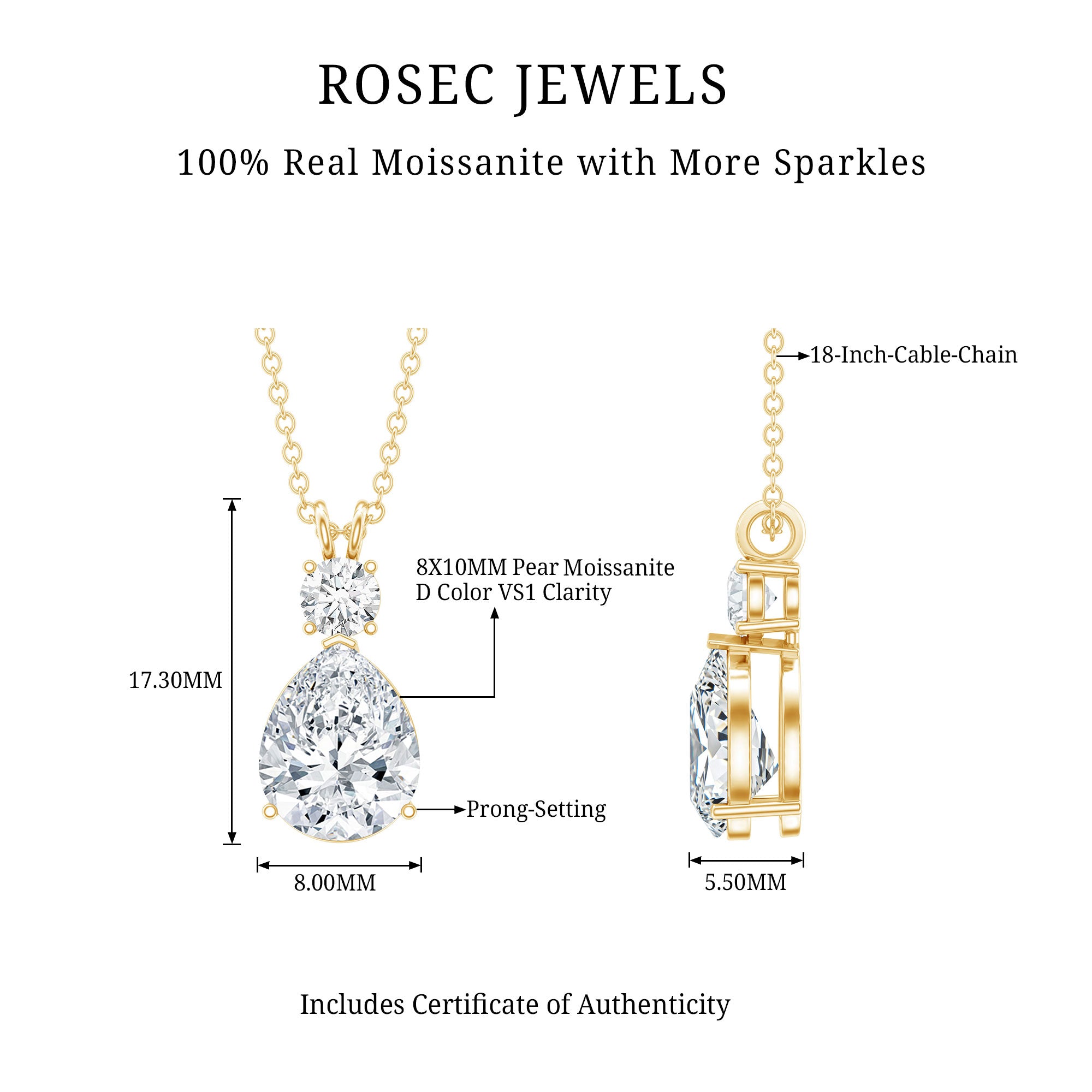 Certified Moissanite Teardrop Pendant Necklace D-VS1 - Rosec Jewels