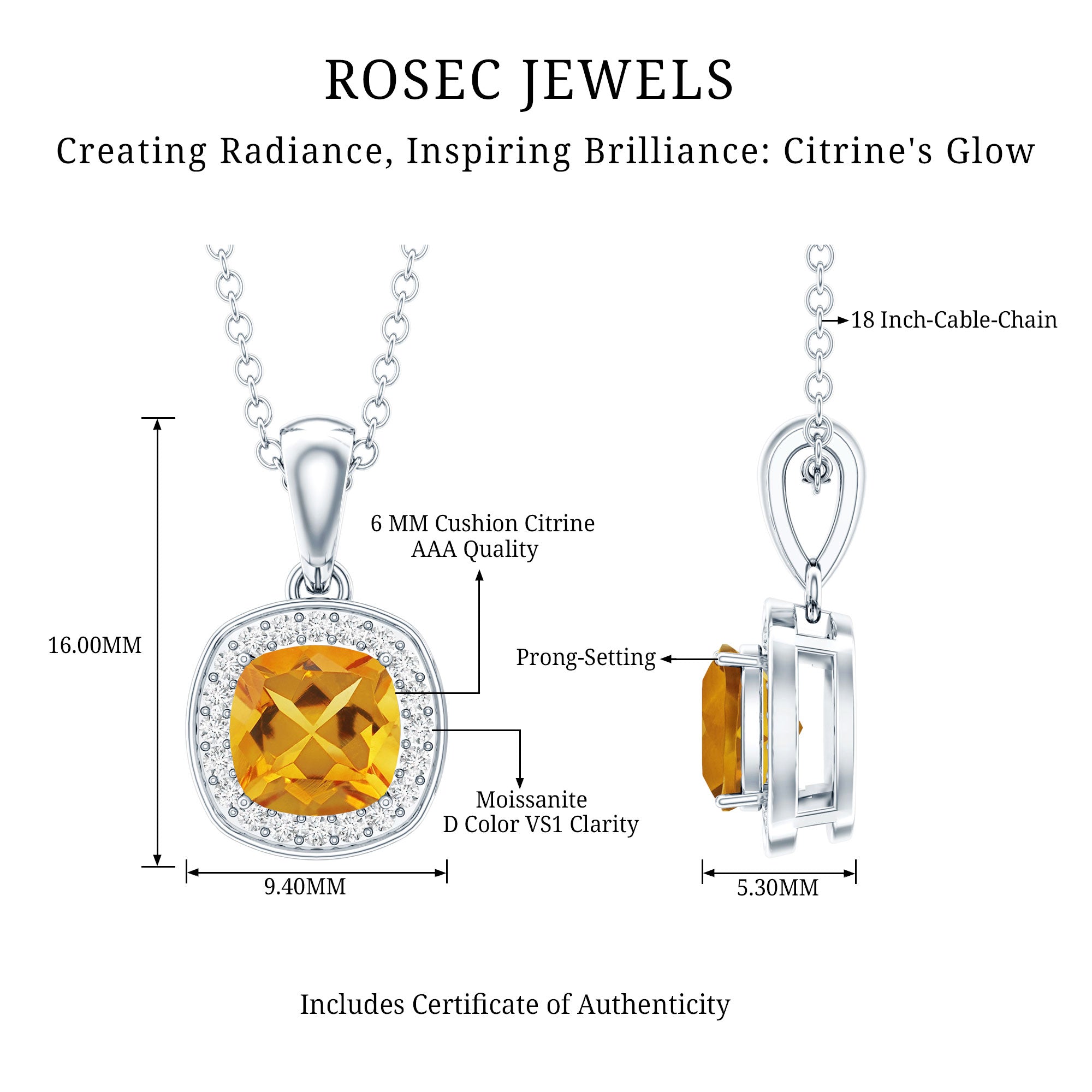 Cushion Cut 1 Carat Citrine Pendant Necklace with Moissanite Halo AAA 92.5 Sterling Silver - Rosec Jewels