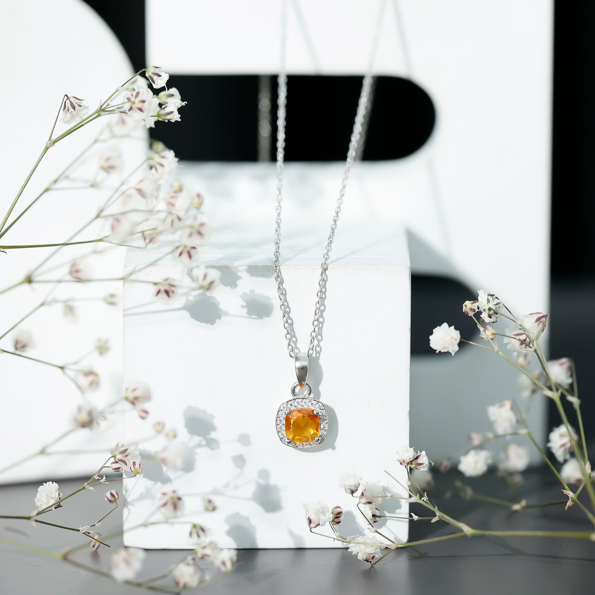 Cushion Cut 1 Carat Citrine Pendant Necklace with Moissanite Halo AAA 92.5 Sterling Silver - Rosec Jewels