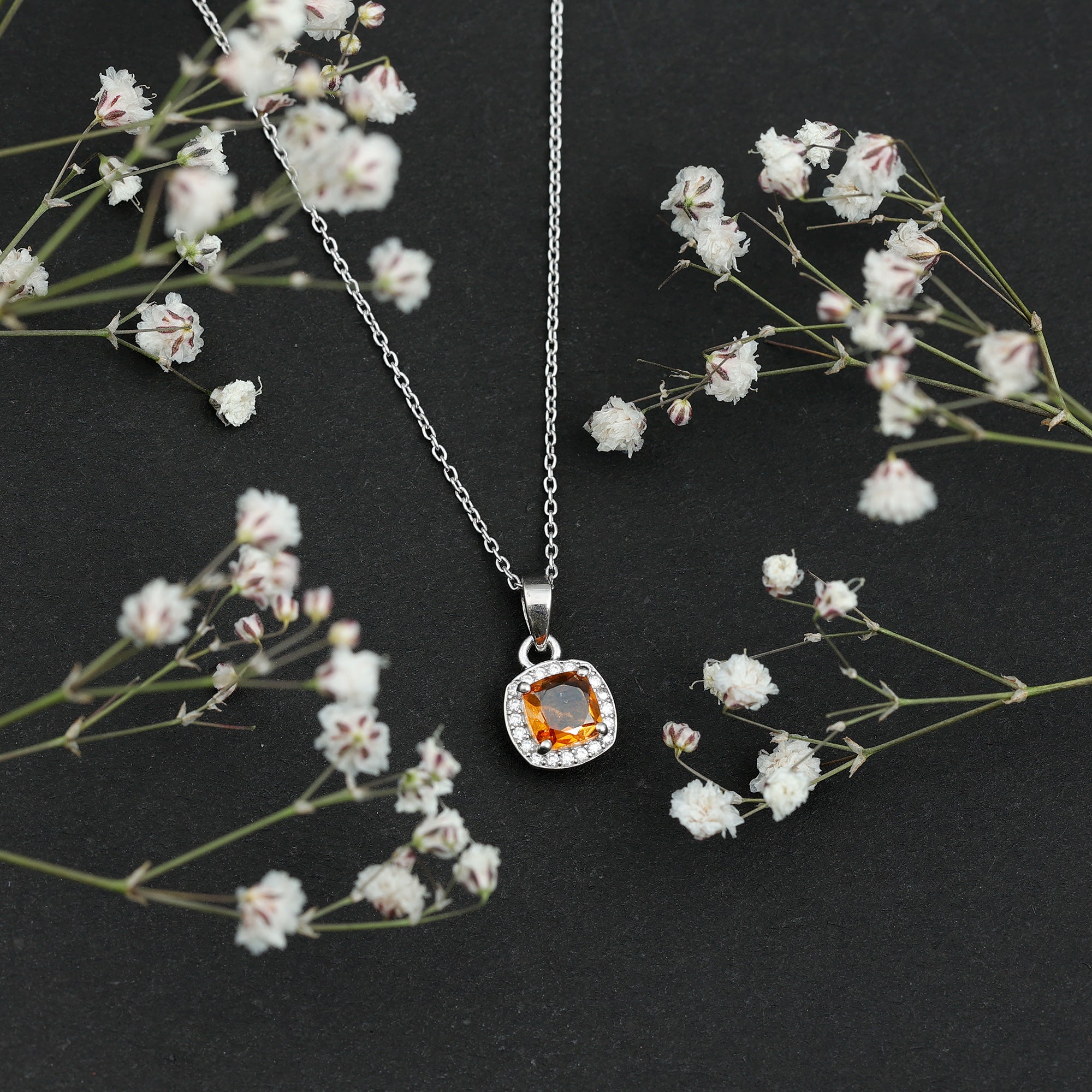 Cushion Cut 1 Carat Citrine Pendant Necklace with Moissanite Halo AAA 92.5 Sterling Silver - Rosec Jewels