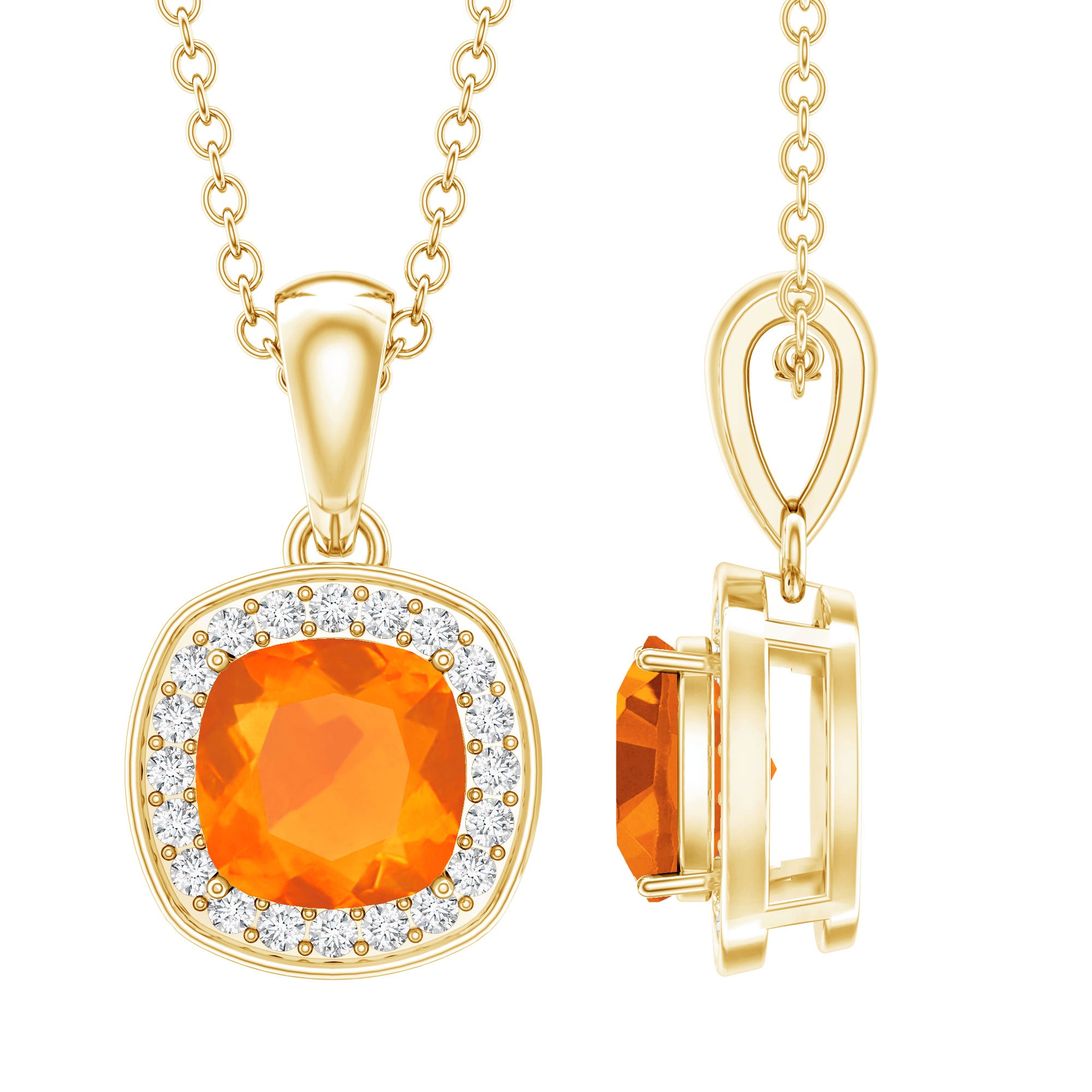 Certified 1 Carat Cushion Cut Fire Opal Pendant Necklace with Diamond Halo AAA 14K Yellow Gold Plated Silver - Rosec Jewels