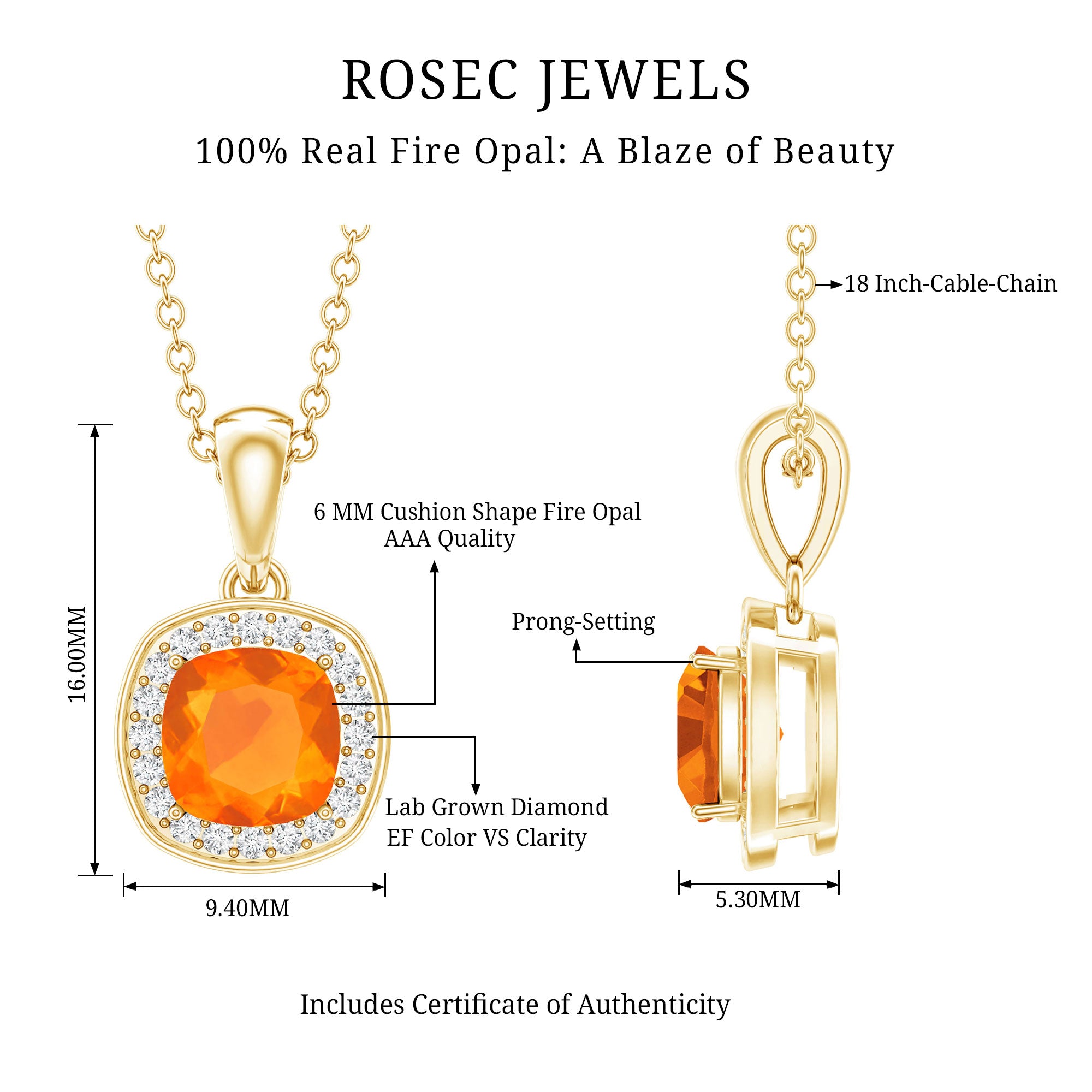 Certified 1 Carat Cushion Cut Fire Opal Pendant Necklace with Diamond Halo AAA 14K Yellow Gold Plated Silver - Rosec Jewels