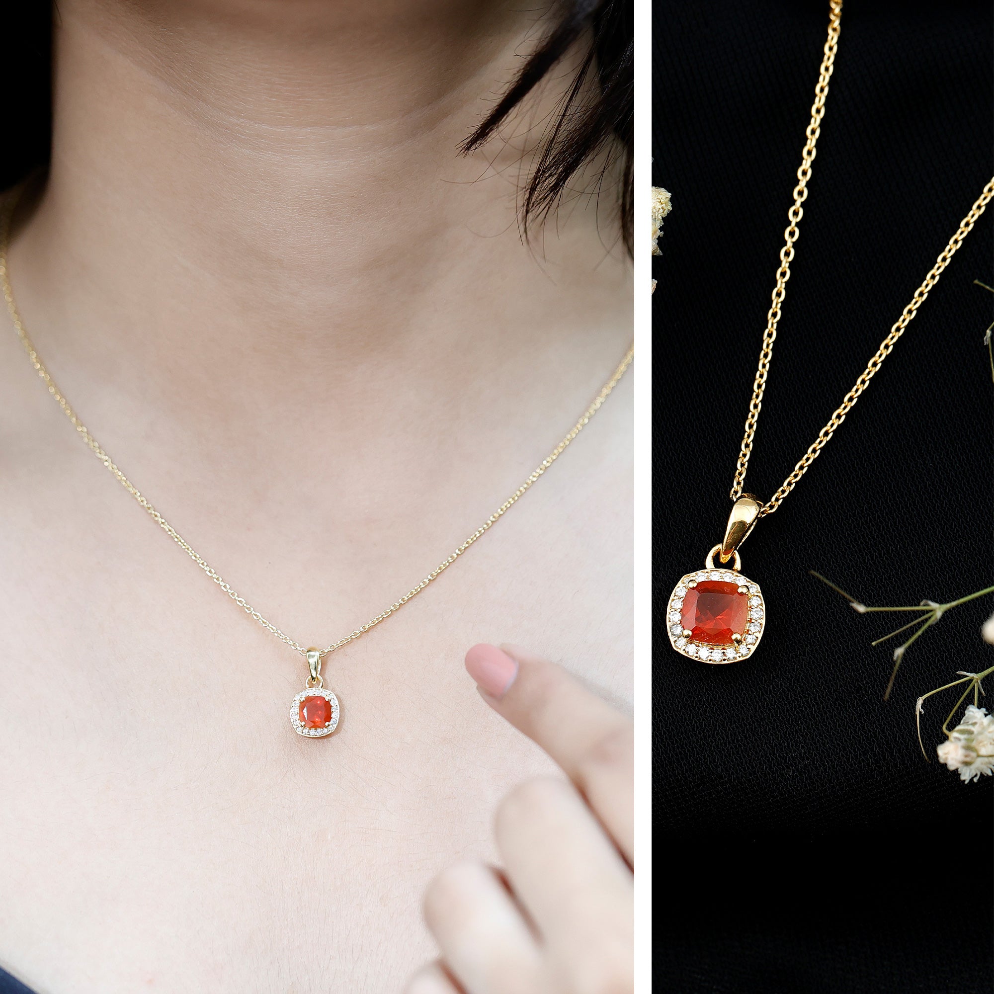 Certified 1 Carat Cushion Cut Fire Opal Pendant Necklace with Diamond Halo AAA 14K Yellow Gold Plated Silver - Rosec Jewels