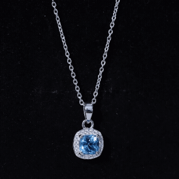 Natural Cushion Cut Swiss Blue Topaz Moissanite Halo Necklace with Silver Chain AAA 92.5 Sterling Silver - Rosec Jewels