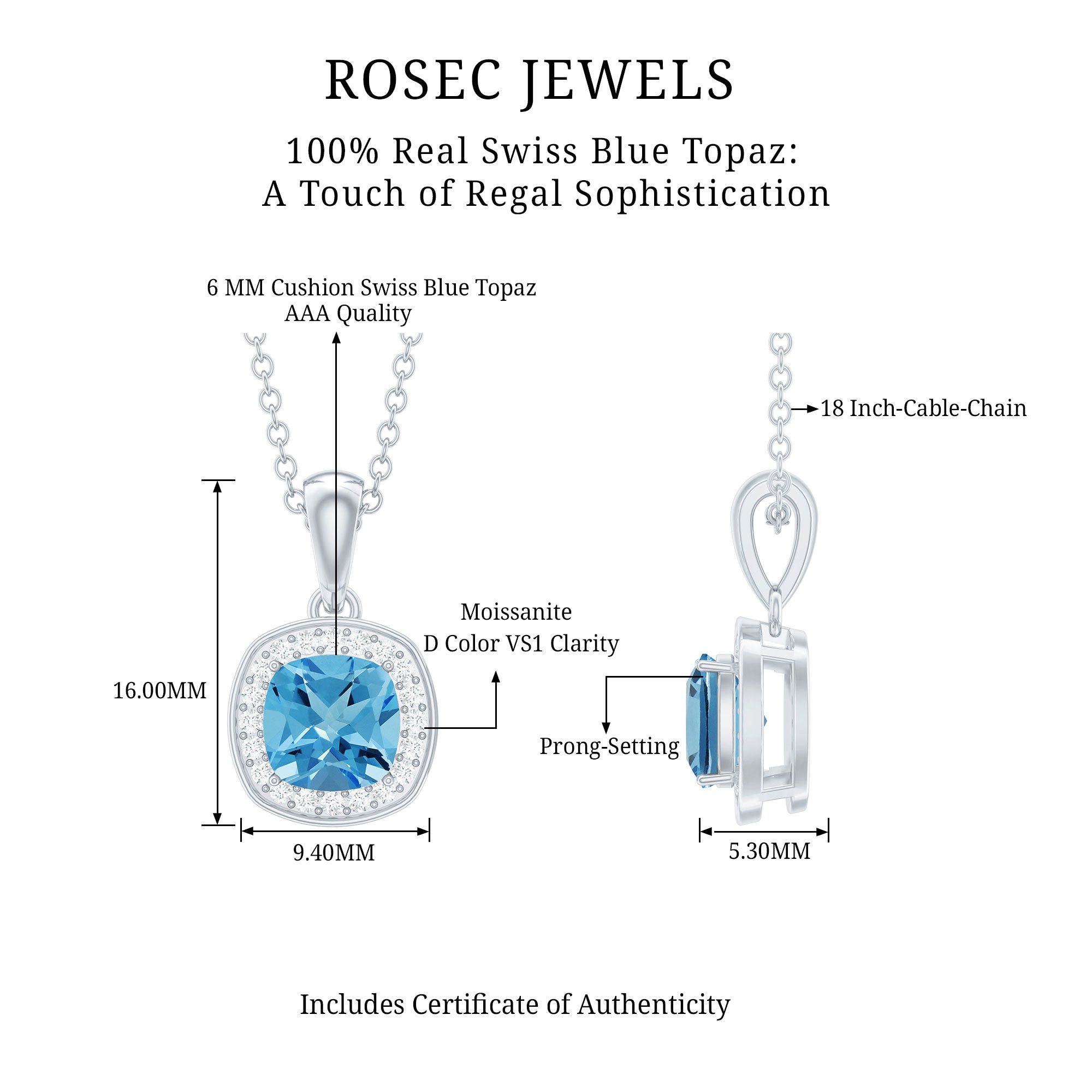 Natural Cushion Cut Swiss Blue Topaz Moissanite Halo Necklace with Silver Chain AAA 92.5 Sterling Silver - Rosec Jewels