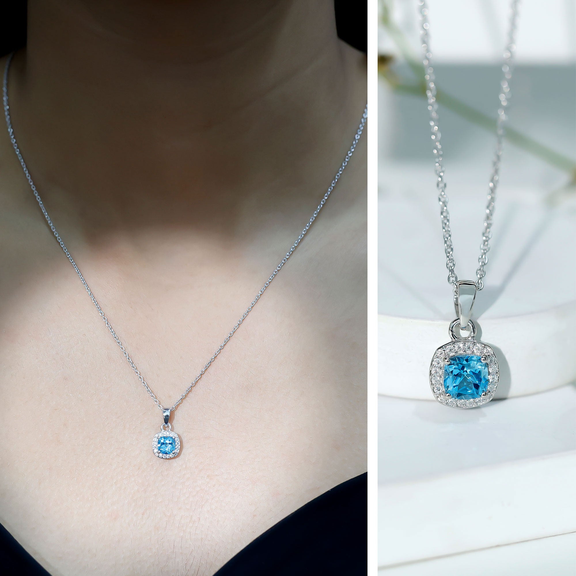 Natural Cushion Cut Swiss Blue Topaz Moissanite Halo Necklace with Silver Chain AAA 92.5 Sterling Silver - Rosec Jewels