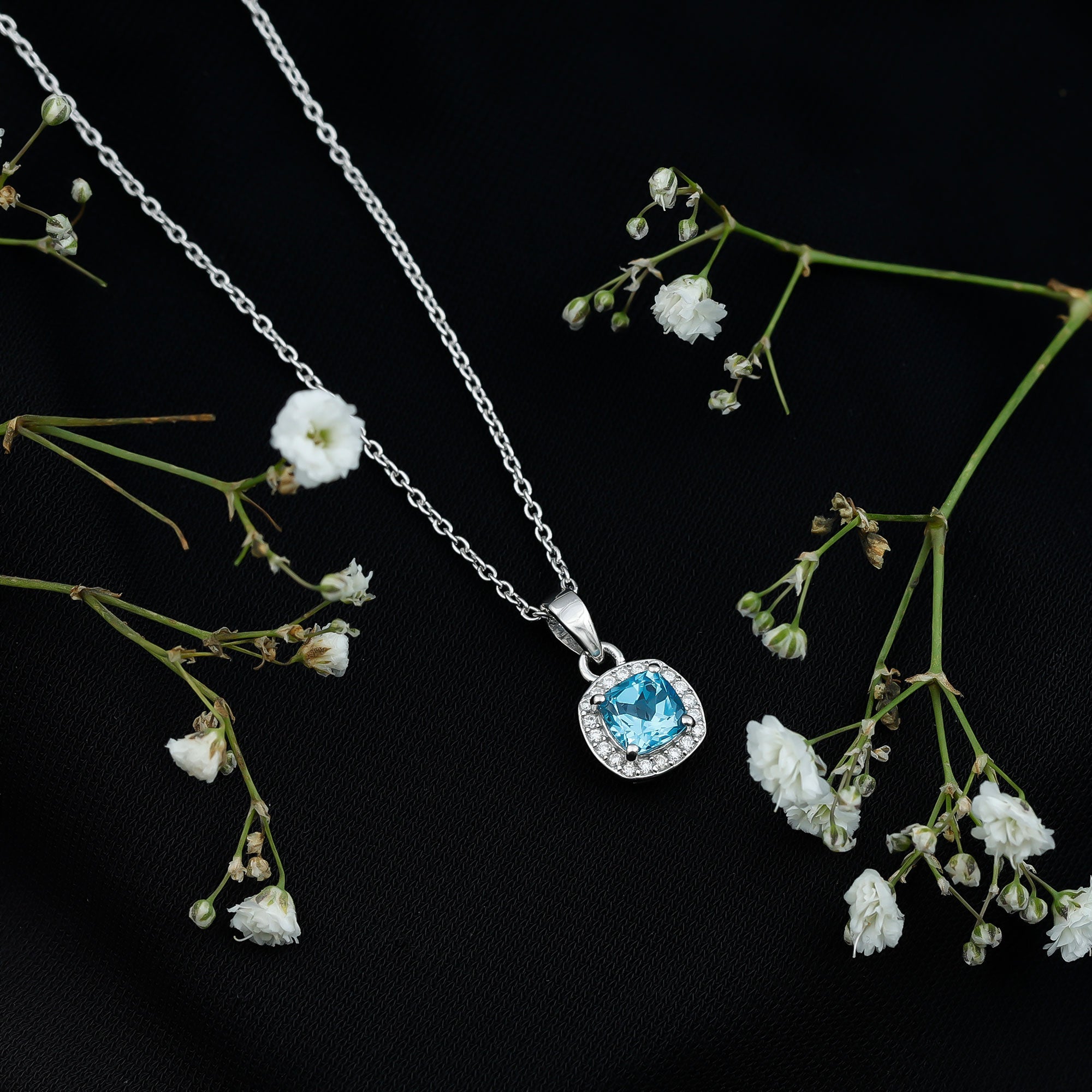 Natural Cushion Cut Swiss Blue Topaz Moissanite Halo Necklace with Silver Chain AAA 92.5 Sterling Silver - Rosec Jewels