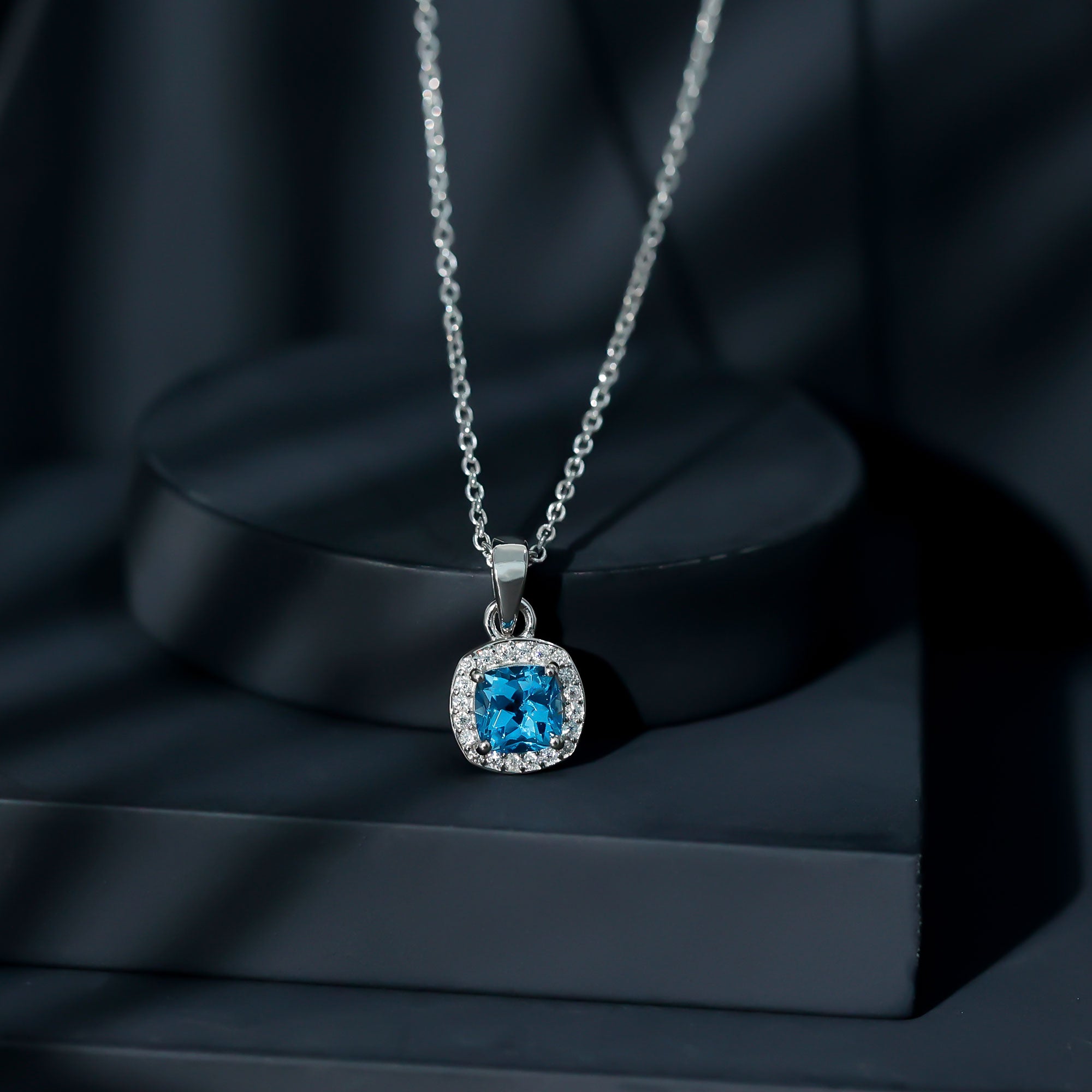 Natural Cushion Cut Swiss Blue Topaz Moissanite Halo Necklace with Silver Chain AAA 92.5 Sterling Silver - Rosec Jewels