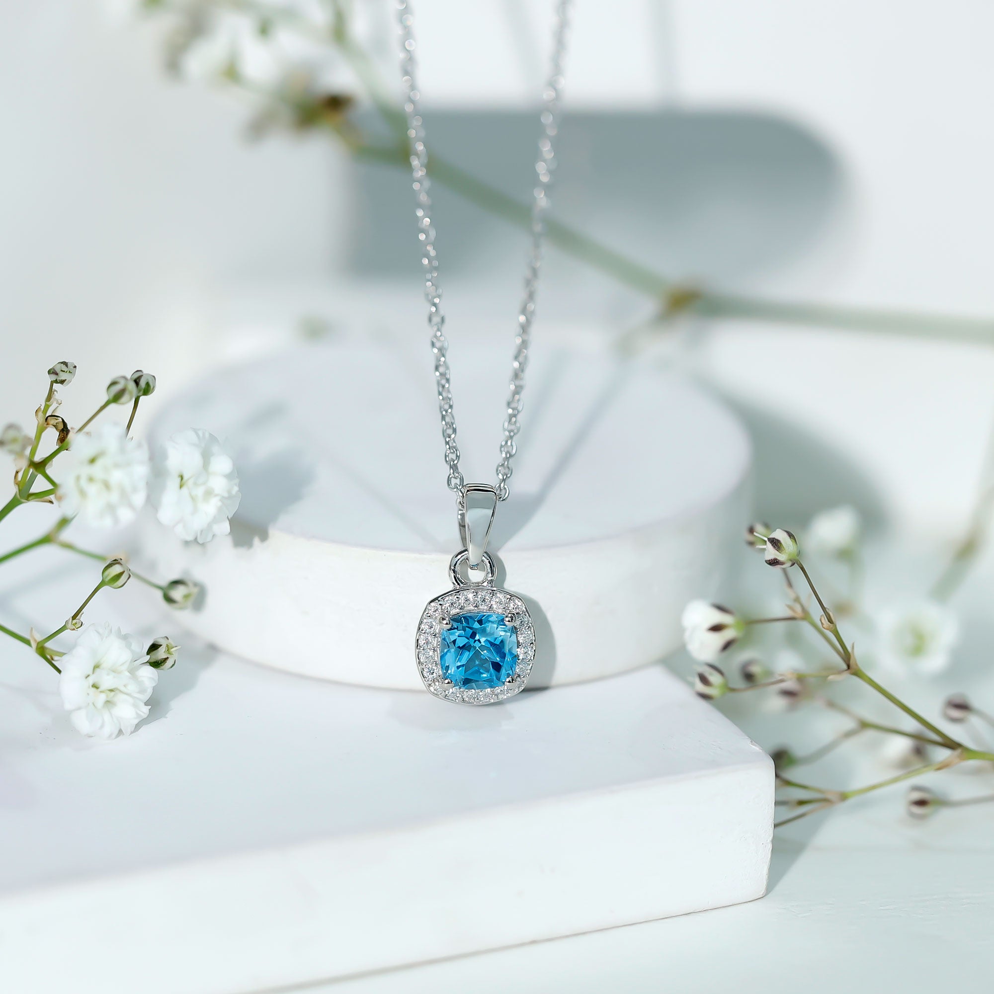 Natural Cushion Cut Swiss Blue Topaz Moissanite Halo Necklace with Silver Chain AAA 92.5 Sterling Silver - Rosec Jewels