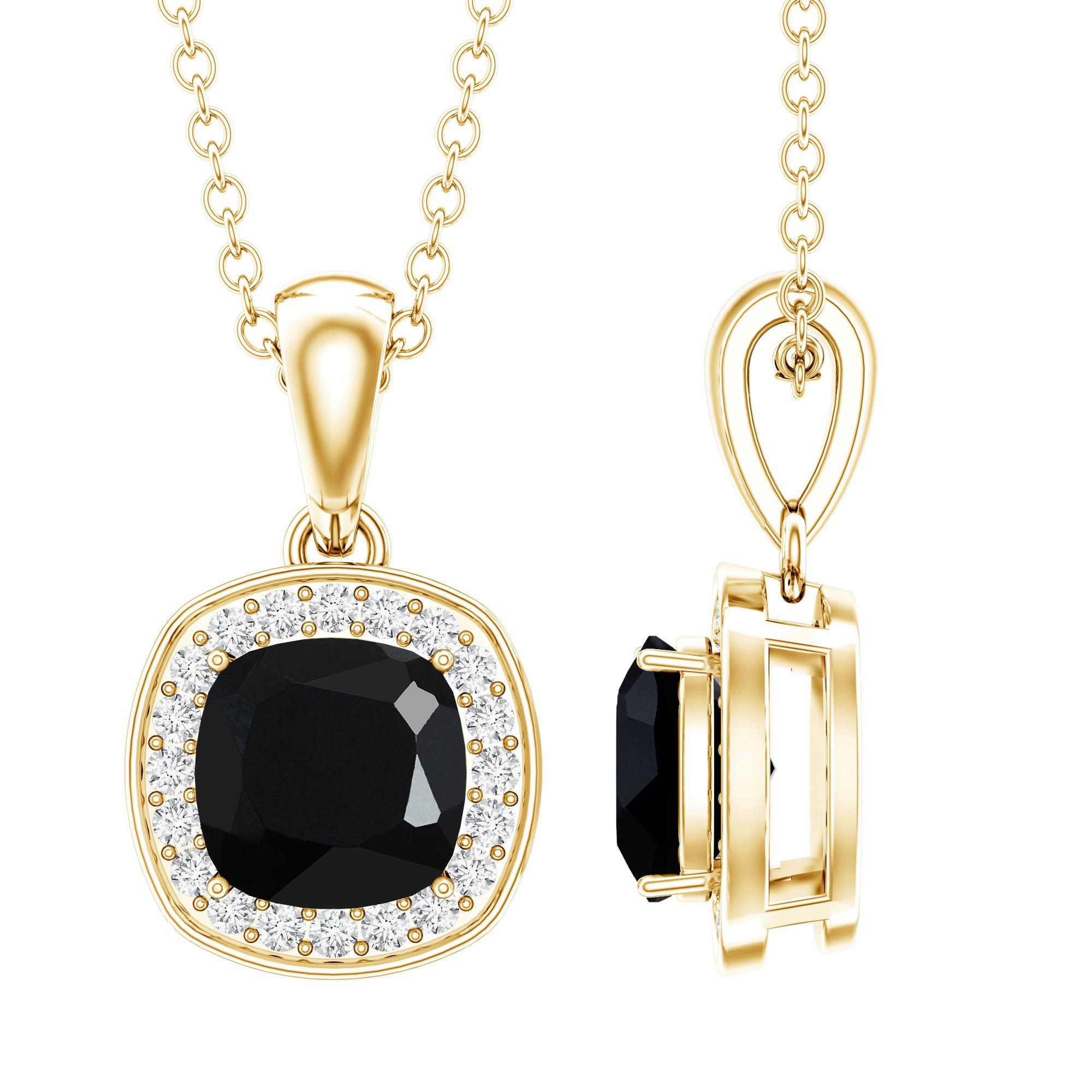 1.8 Carat Lab Grown Black and White Diamond Halo Necklace with Silver Chain AAAA ( Synthetic ) 14K Yellow Gold Plated Silver - Rosec Jewels