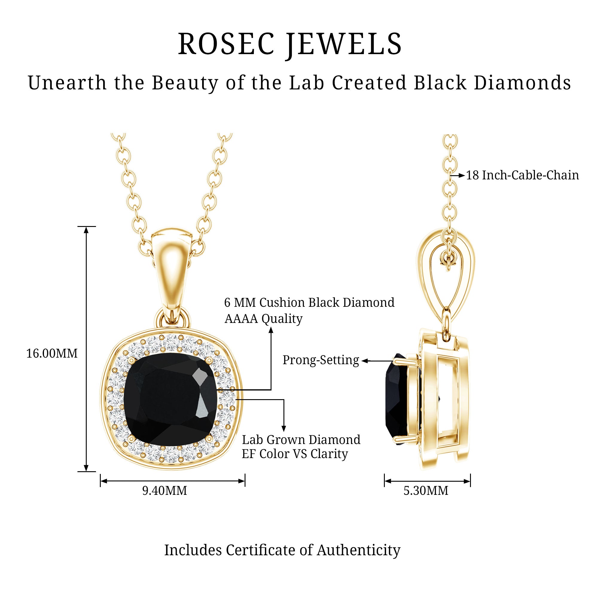 1.8 Carat Lab Grown Black and White Diamond Halo Necklace with Silver Chain AAAA ( Synthetic ) 14K Yellow Gold Plated Silver - Rosec Jewels