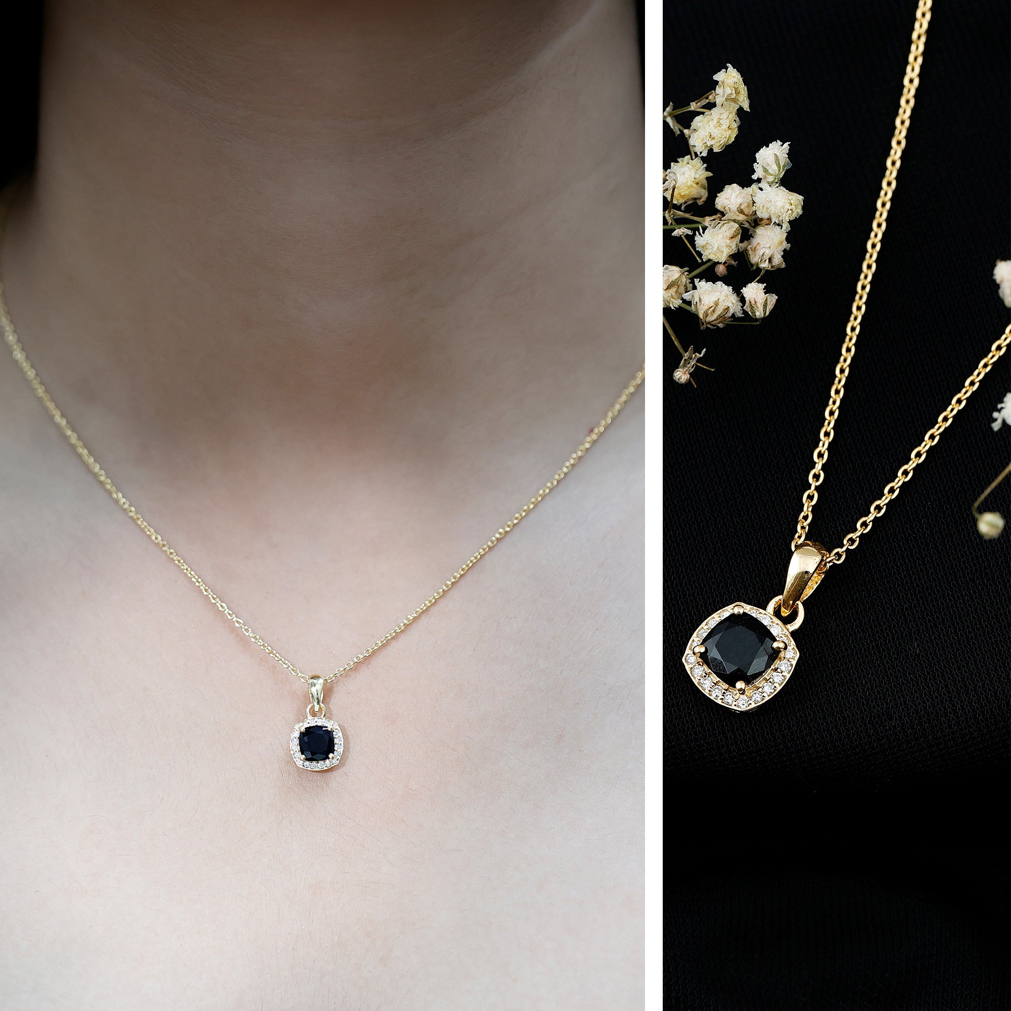 1.8 Carat Lab Grown Black and White Diamond Halo Necklace with Silver Chain AAAA ( Synthetic ) 14K Yellow Gold Plated Silver - Rosec Jewels