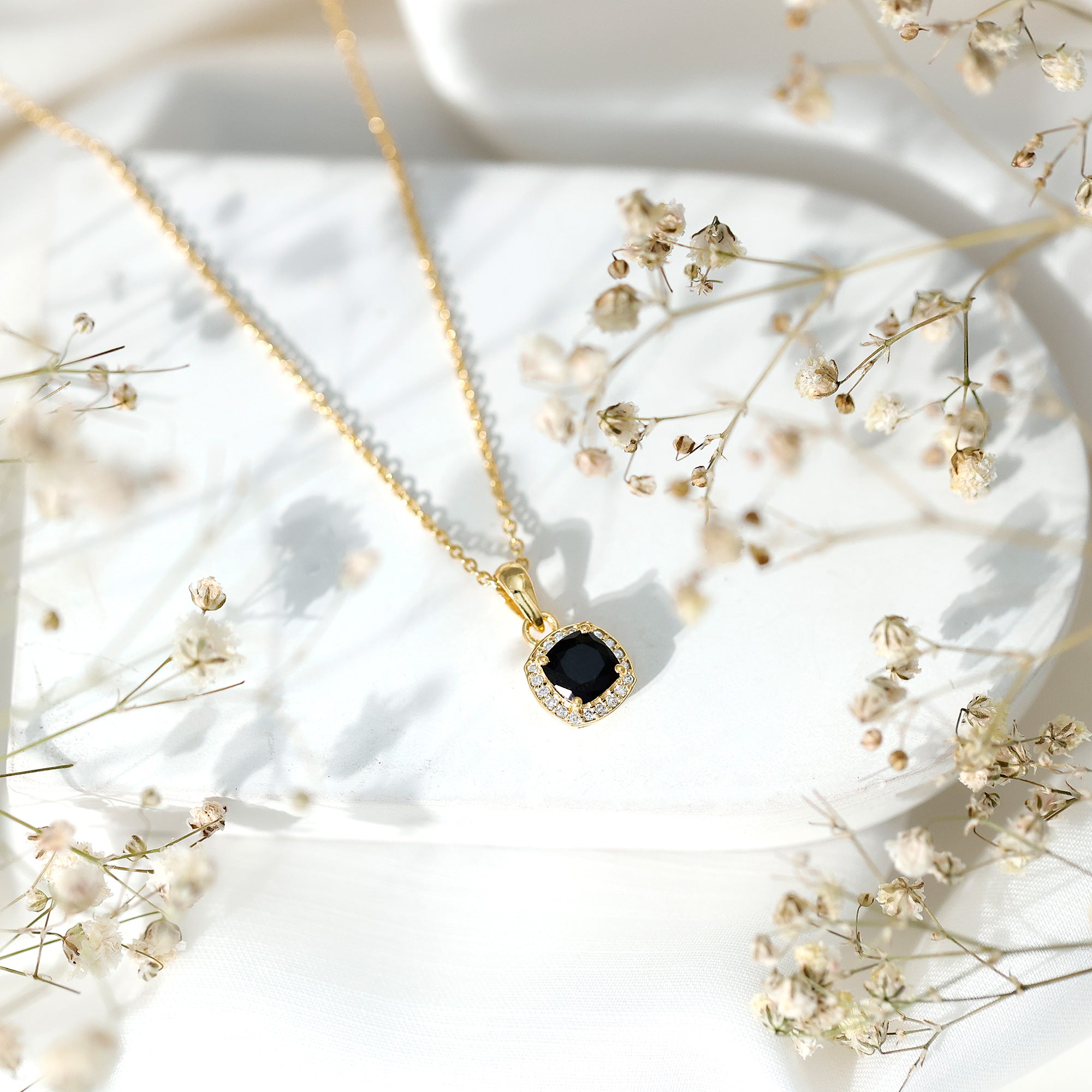 1.8 Carat Lab Grown Black and White Diamond Halo Necklace with Silver Chain AAAA ( Synthetic ) 14K Yellow Gold Plated Silver - Rosec Jewels