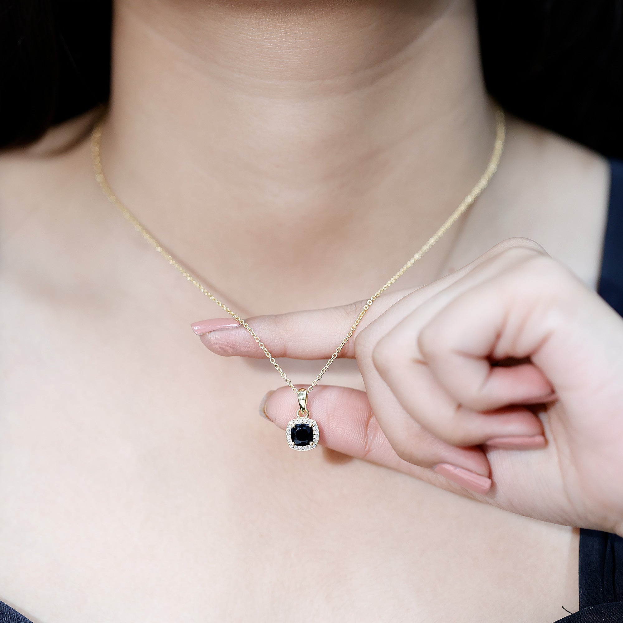 1.8 Carat Lab Grown Black and White Diamond Halo Necklace with Silver Chain AAAA ( Synthetic ) 14K Yellow Gold Plated Silver - Rosec Jewels