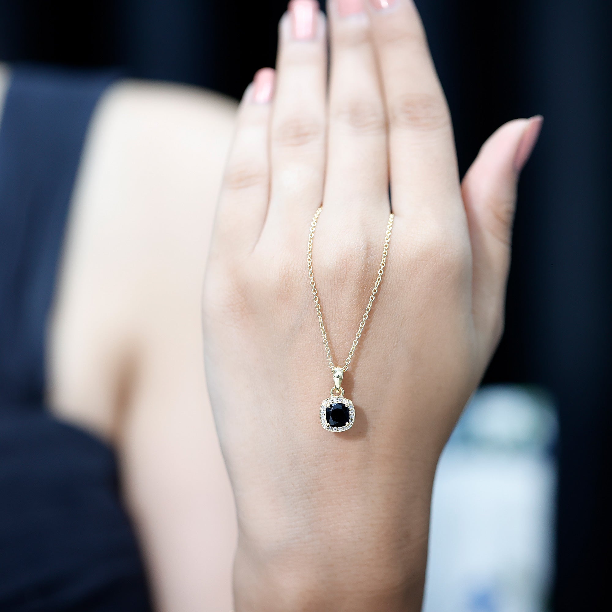 1.8 Carat Lab Grown Black and White Diamond Halo Necklace with Silver Chain AAAA ( Synthetic ) 14K Yellow Gold Plated Silver - Rosec Jewels
