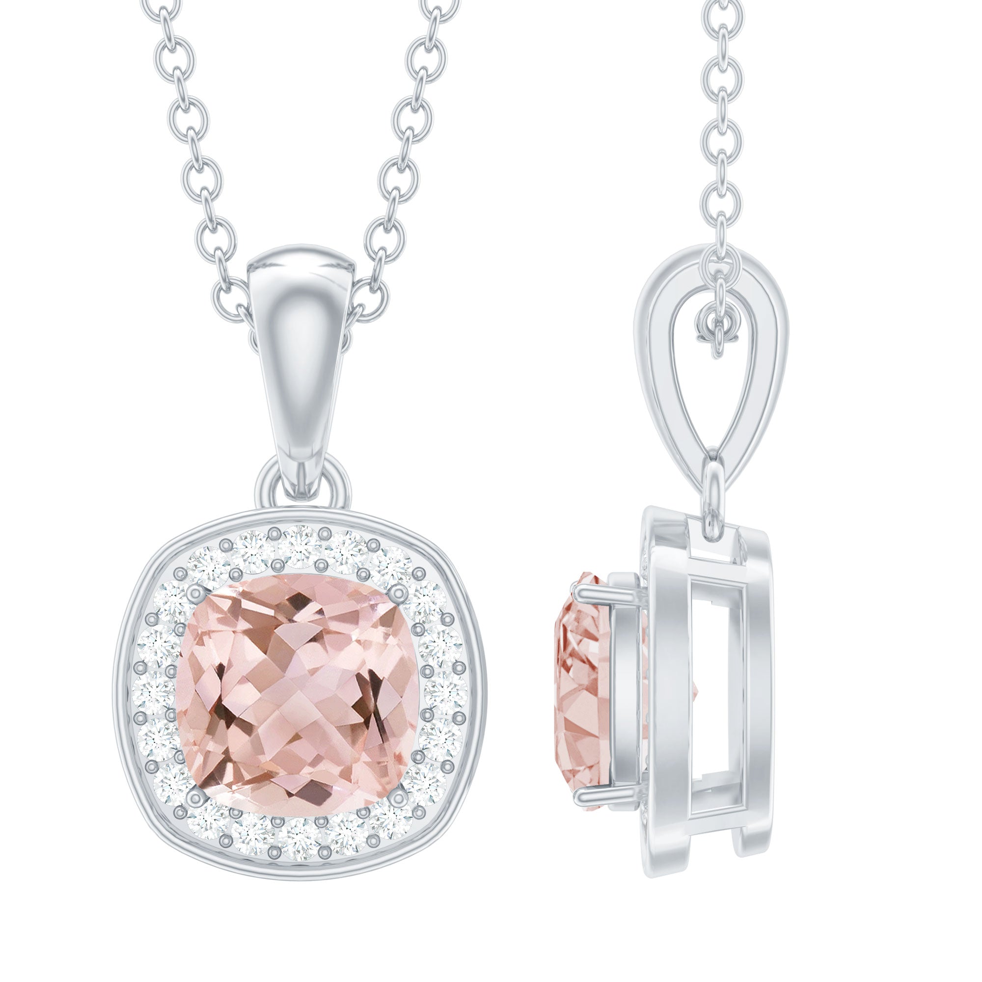 Natural Cushion Cut 1 Carat Morganite Necklace with Moissanite Halo AAA 92.5 Sterling Silver - Rosec Jewels