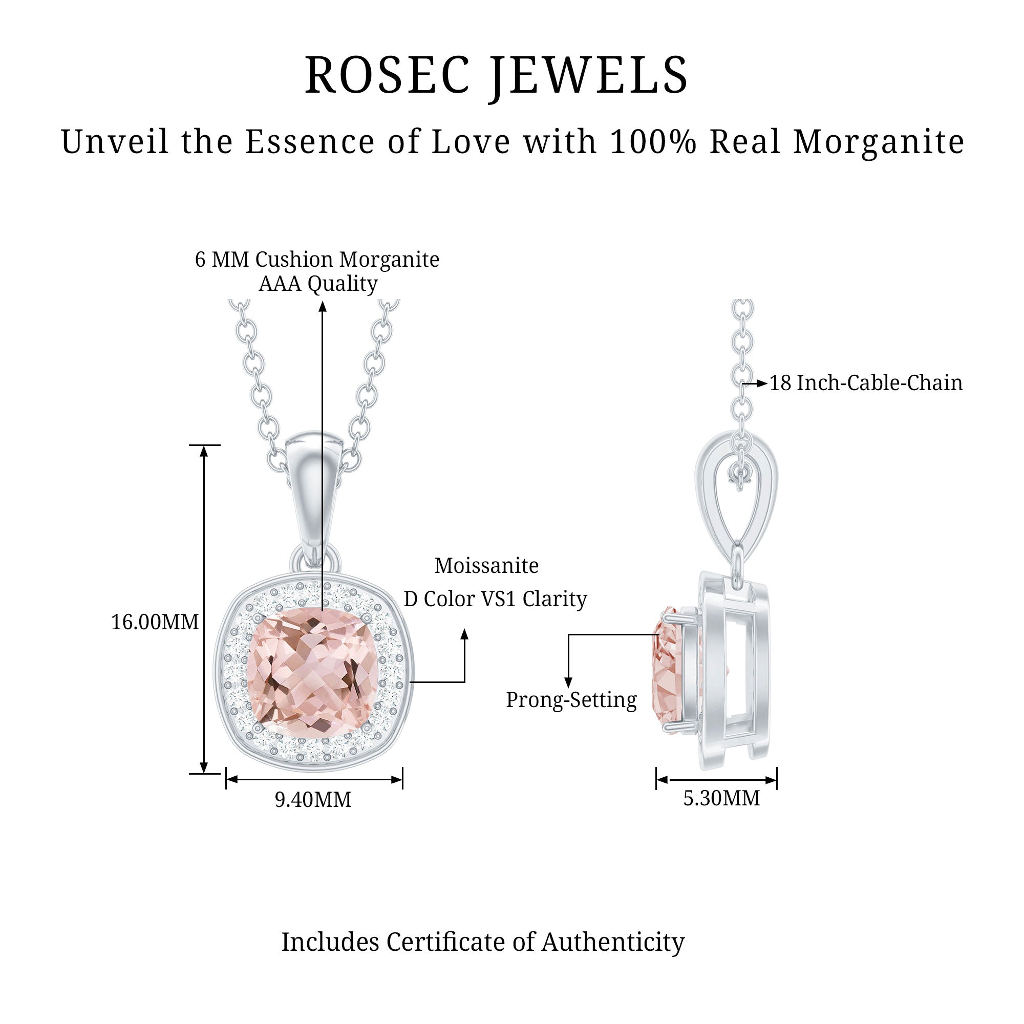 Natural Cushion Cut 1 Carat Morganite Necklace with Moissanite Halo AAA 92.5 Sterling Silver - Rosec Jewels