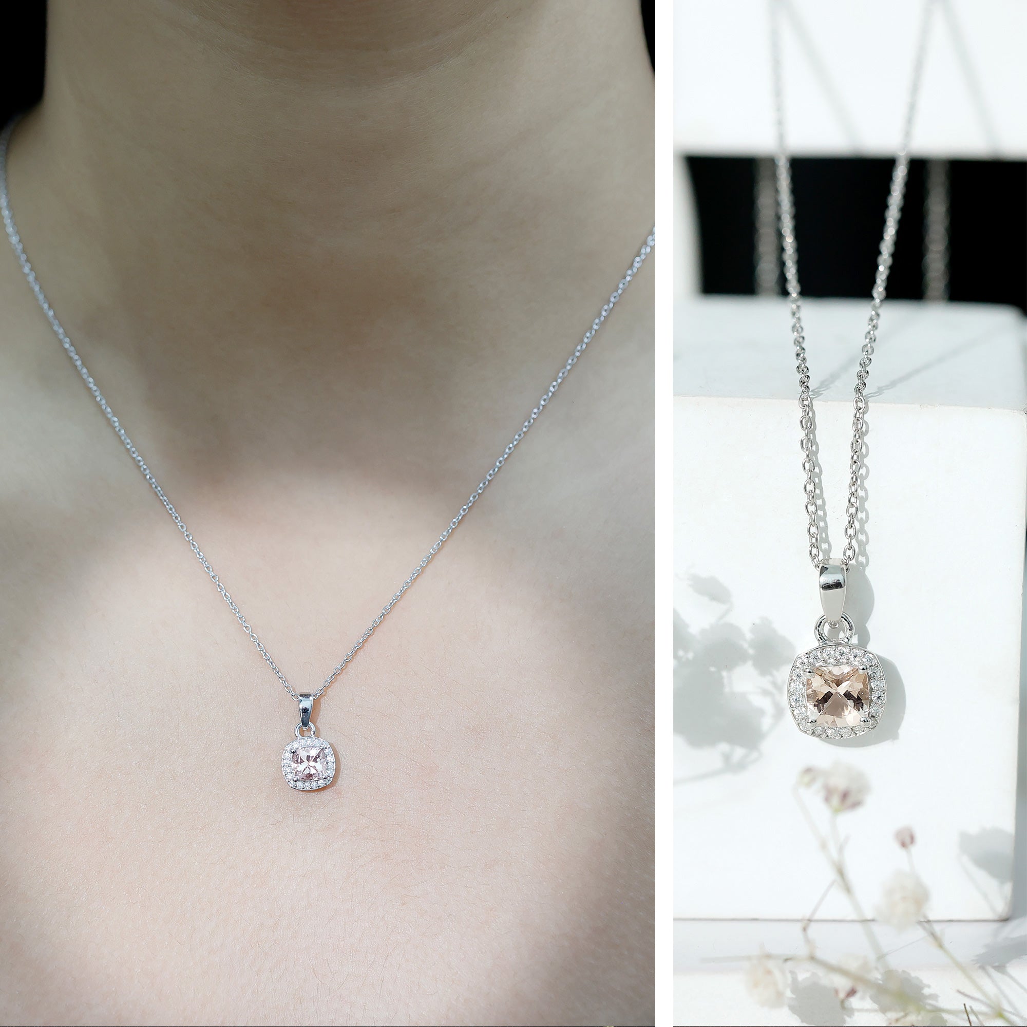 Natural Cushion Cut 1 Carat Morganite Necklace with Moissanite Halo AAA 92.5 Sterling Silver - Rosec Jewels