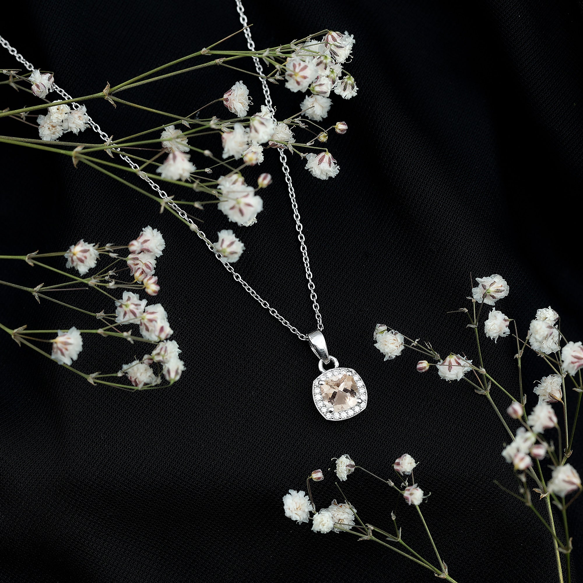 Natural Cushion Cut 1 Carat Morganite Necklace with Moissanite Halo AAA 92.5 Sterling Silver - Rosec Jewels