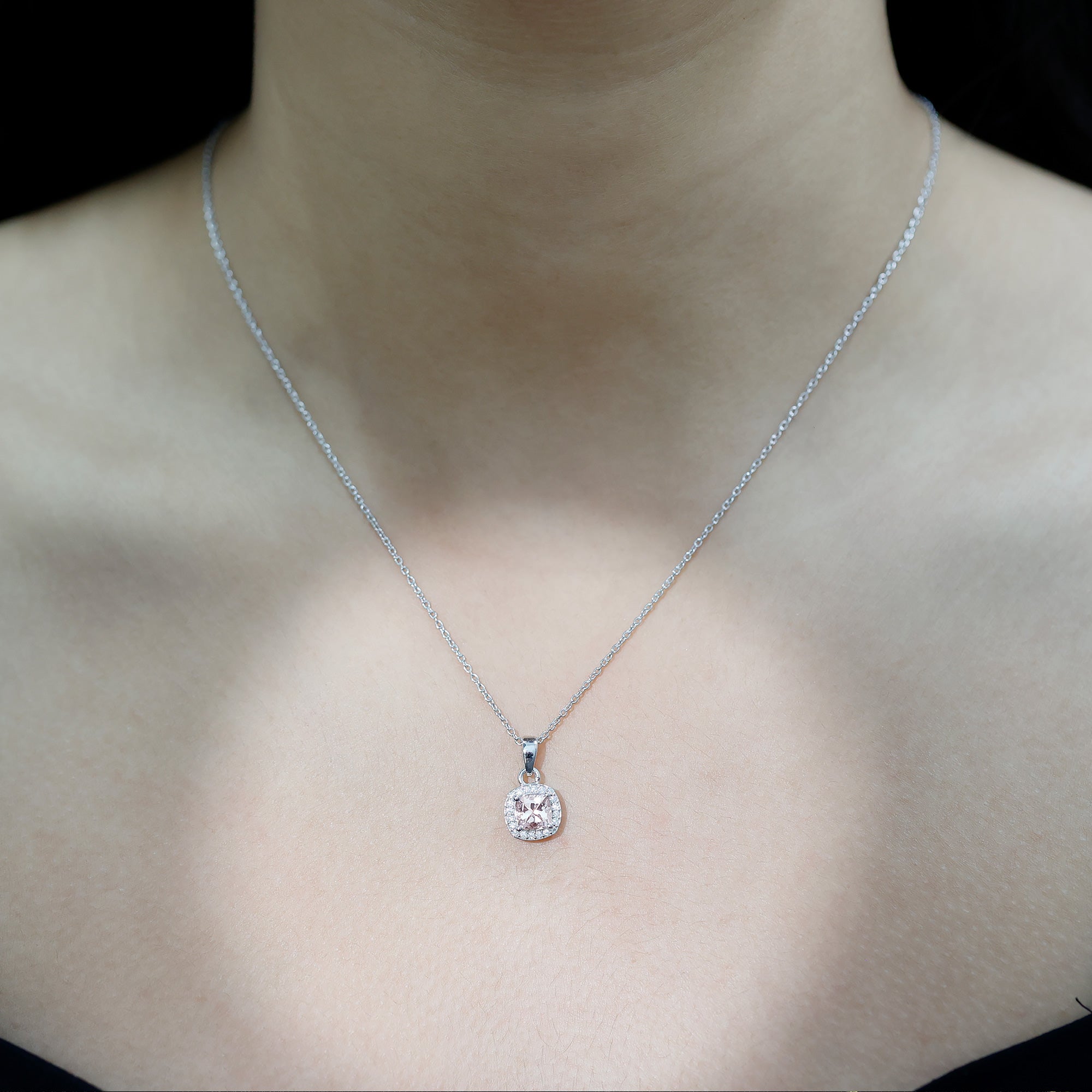 Natural Cushion Cut 1 Carat Morganite Necklace with Moissanite Halo AAA 92.5 Sterling Silver - Rosec Jewels
