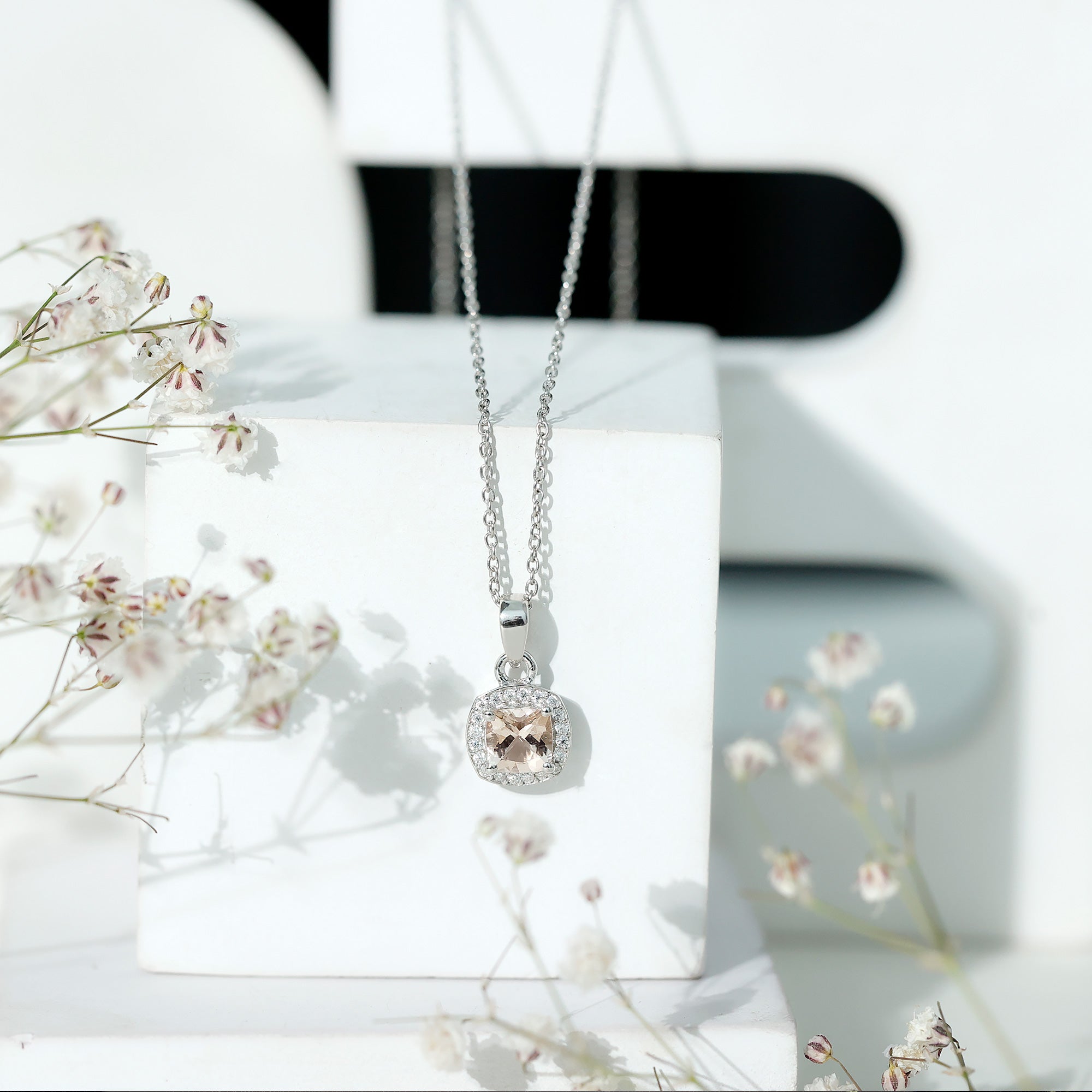 Natural Cushion Cut 1 Carat Morganite Necklace with Moissanite Halo AAA 92.5 Sterling Silver - Rosec Jewels