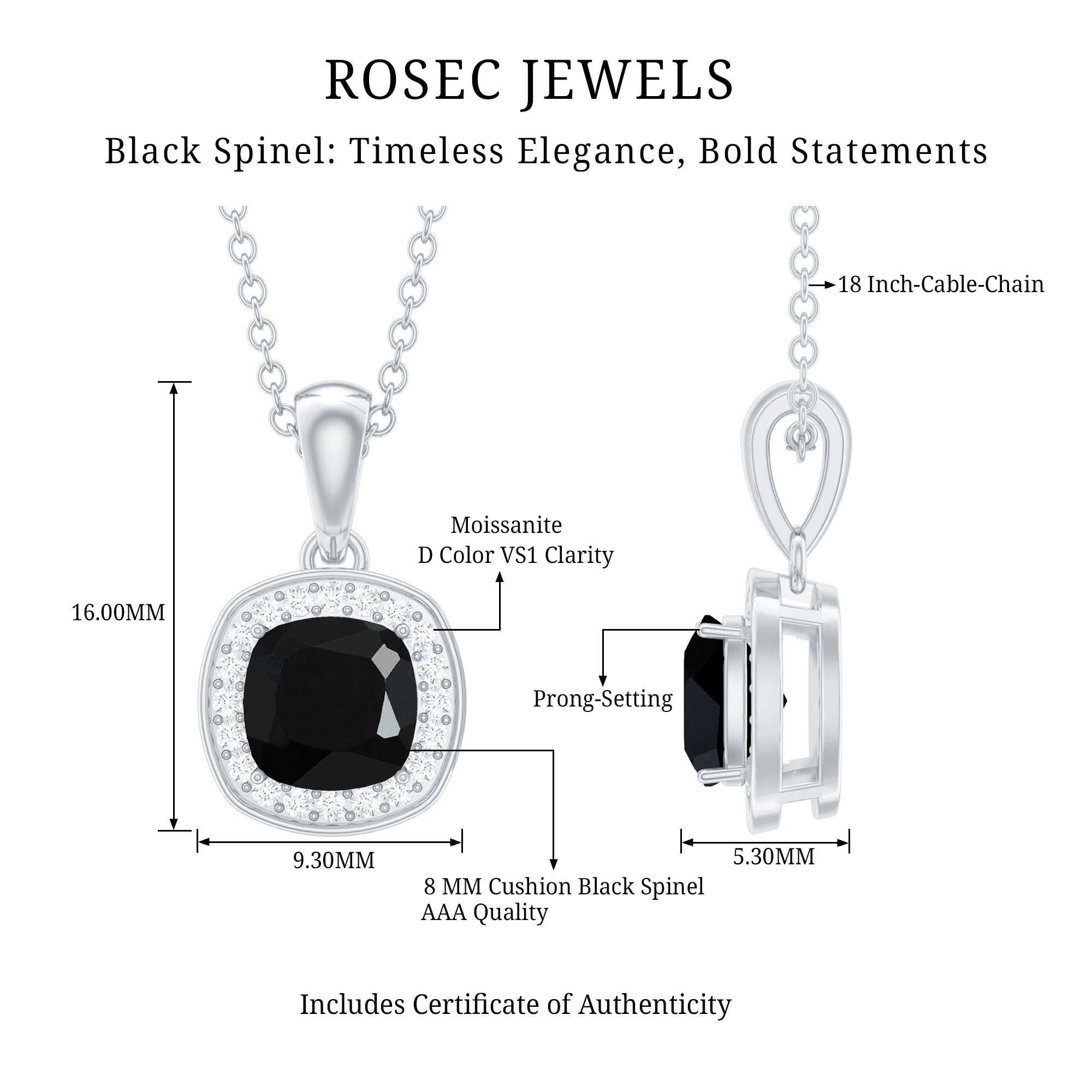 Certified 2 Carat Cushion Cut Black Spinel Necklace with Moissanite Halo AAA 92.5 Sterling Silver - Rosec Jewels