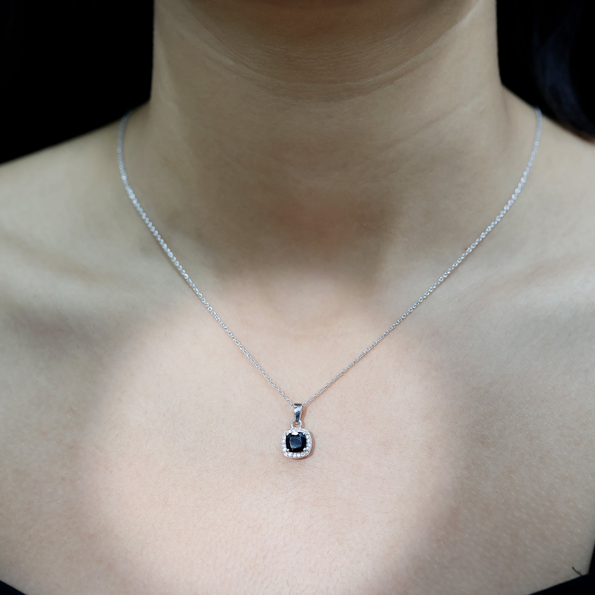 Certified 2 Carat Cushion Cut Black Spinel Necklace with Moissanite Halo AAA 92.5 Sterling Silver - Rosec Jewels