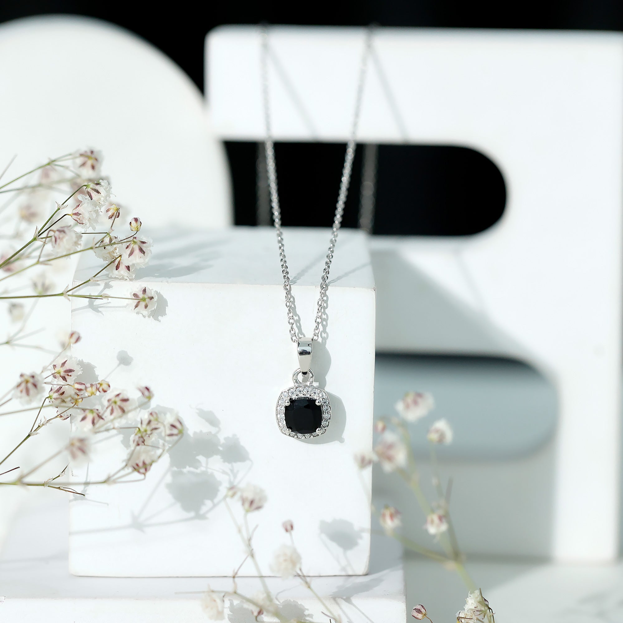 Certified 2 Carat Cushion Cut Black Spinel Necklace with Moissanite Halo AAA 92.5 Sterling Silver - Rosec Jewels
