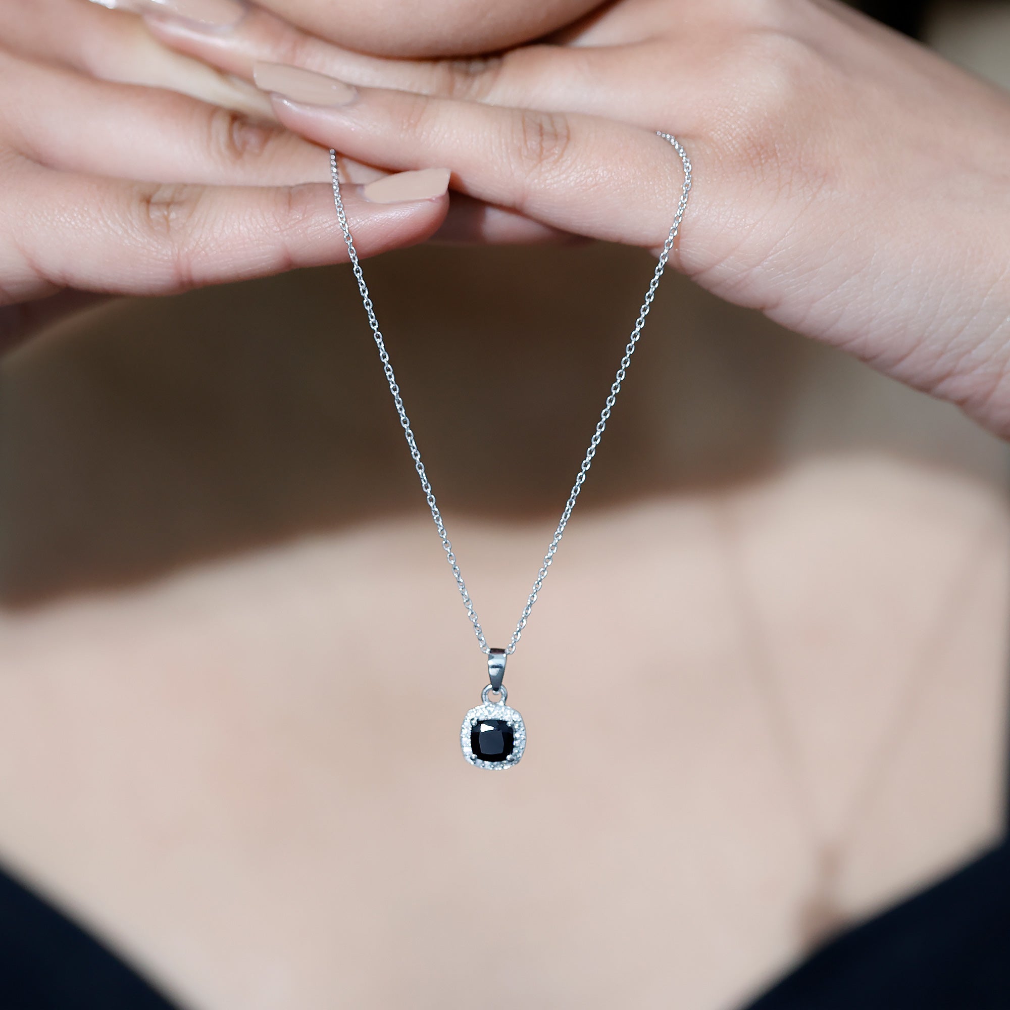 Certified 2 Carat Cushion Cut Black Spinel Necklace with Moissanite Halo AAA 92.5 Sterling Silver - Rosec Jewels