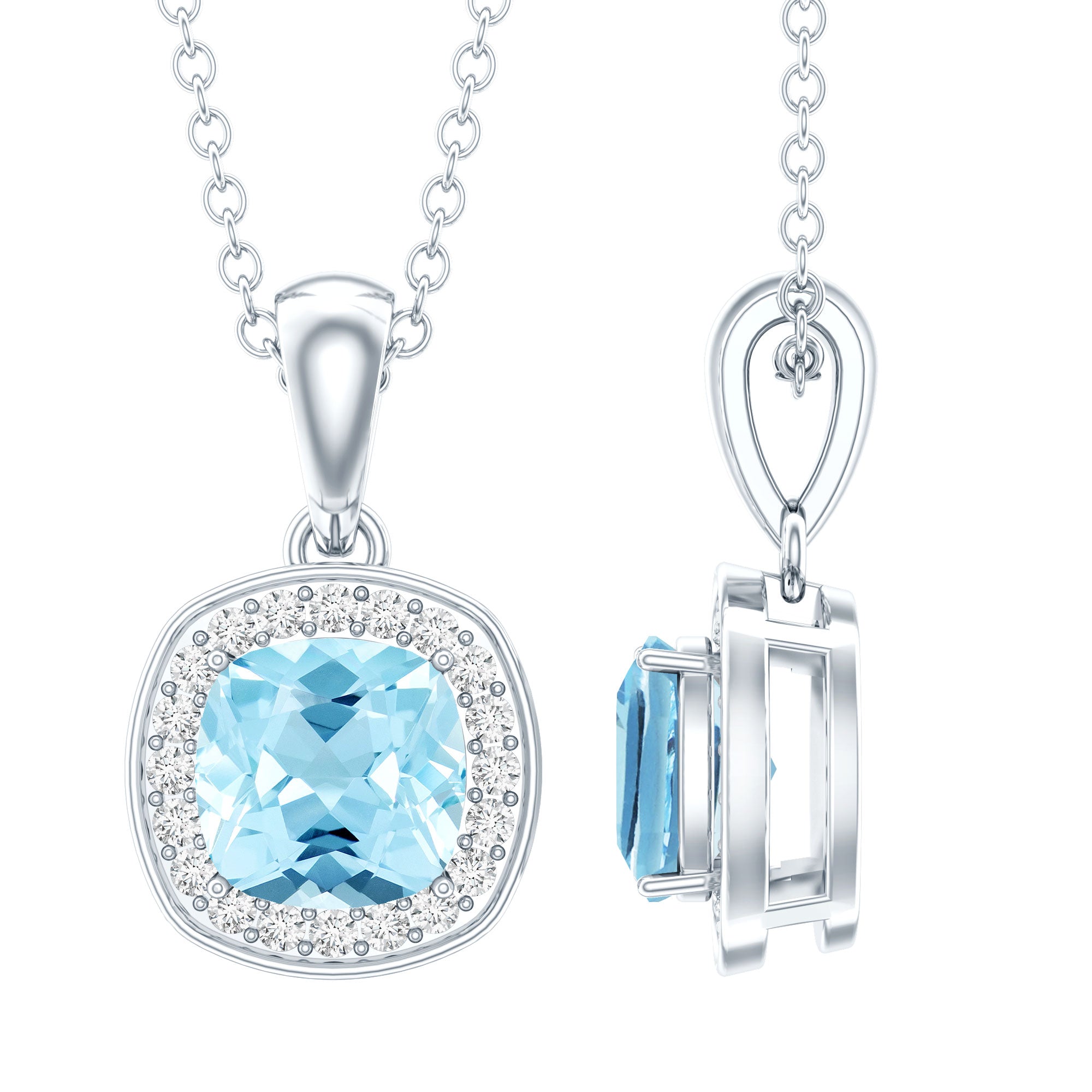 Cushion Cut 1 Carat Aquamarine Classic Necklace with Silver Chain AAA 92.5 Sterling Silver - Rosec Jewels