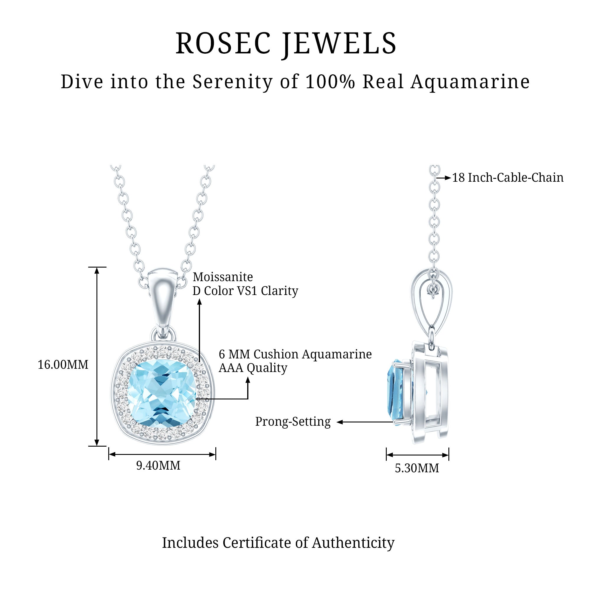 Cushion Cut 1 Carat Aquamarine Classic Necklace with Silver Chain AAA 92.5 Sterling Silver - Rosec Jewels
