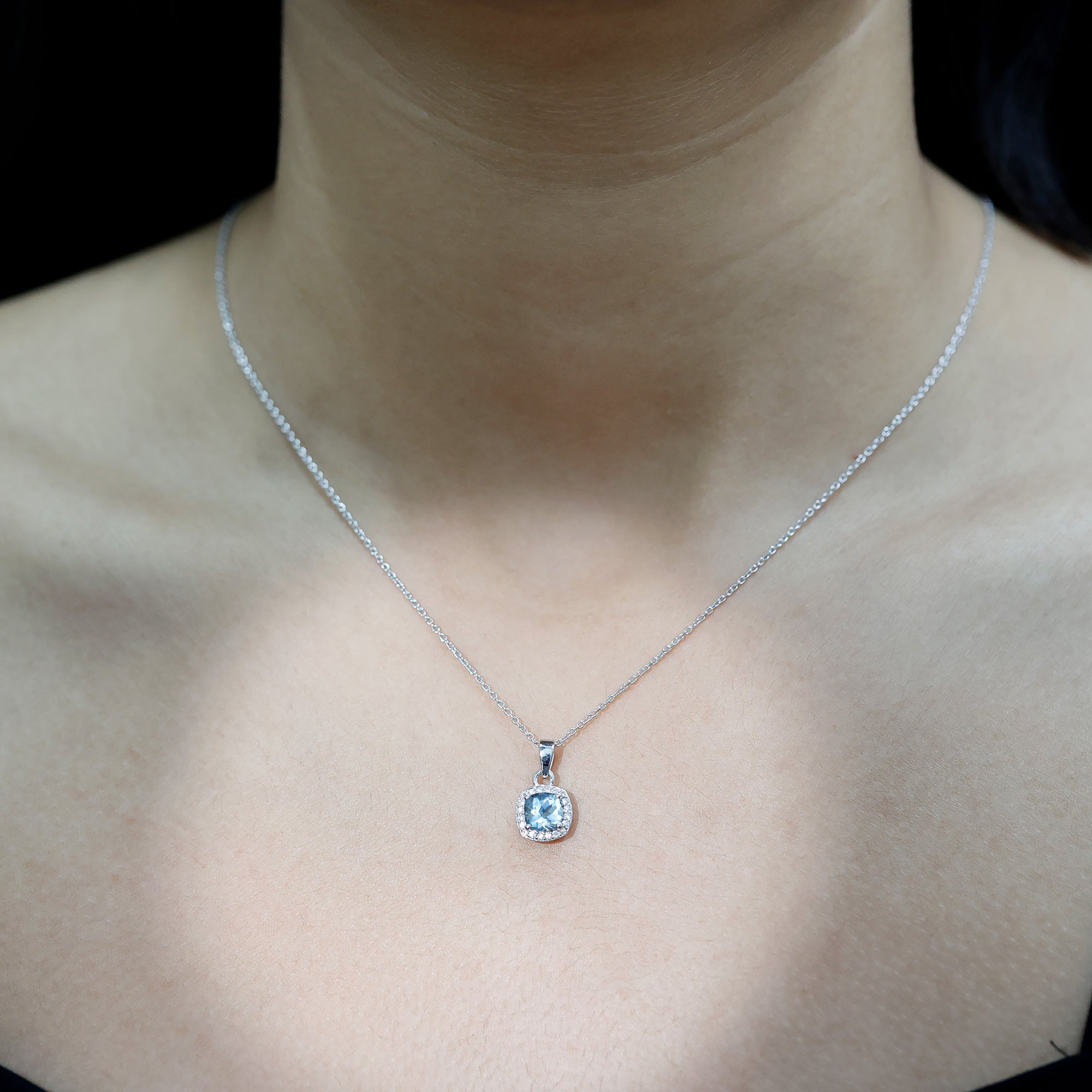 Cushion Cut 1 Carat Aquamarine Classic Necklace with Silver Chain AAA 92.5 Sterling Silver - Rosec Jewels