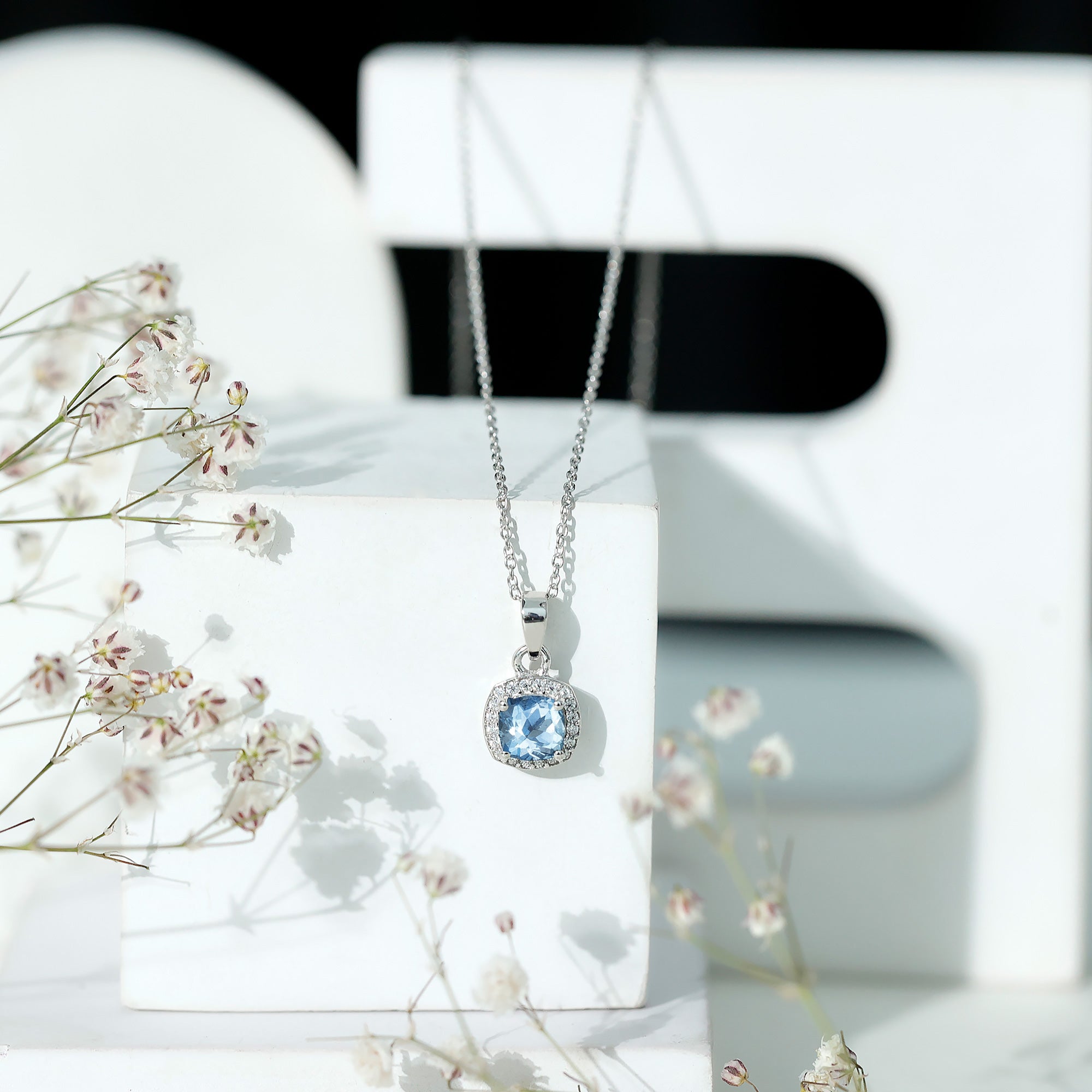 Cushion Cut 1 Carat Aquamarine Classic Necklace with Silver Chain AAA 92.5 Sterling Silver - Rosec Jewels