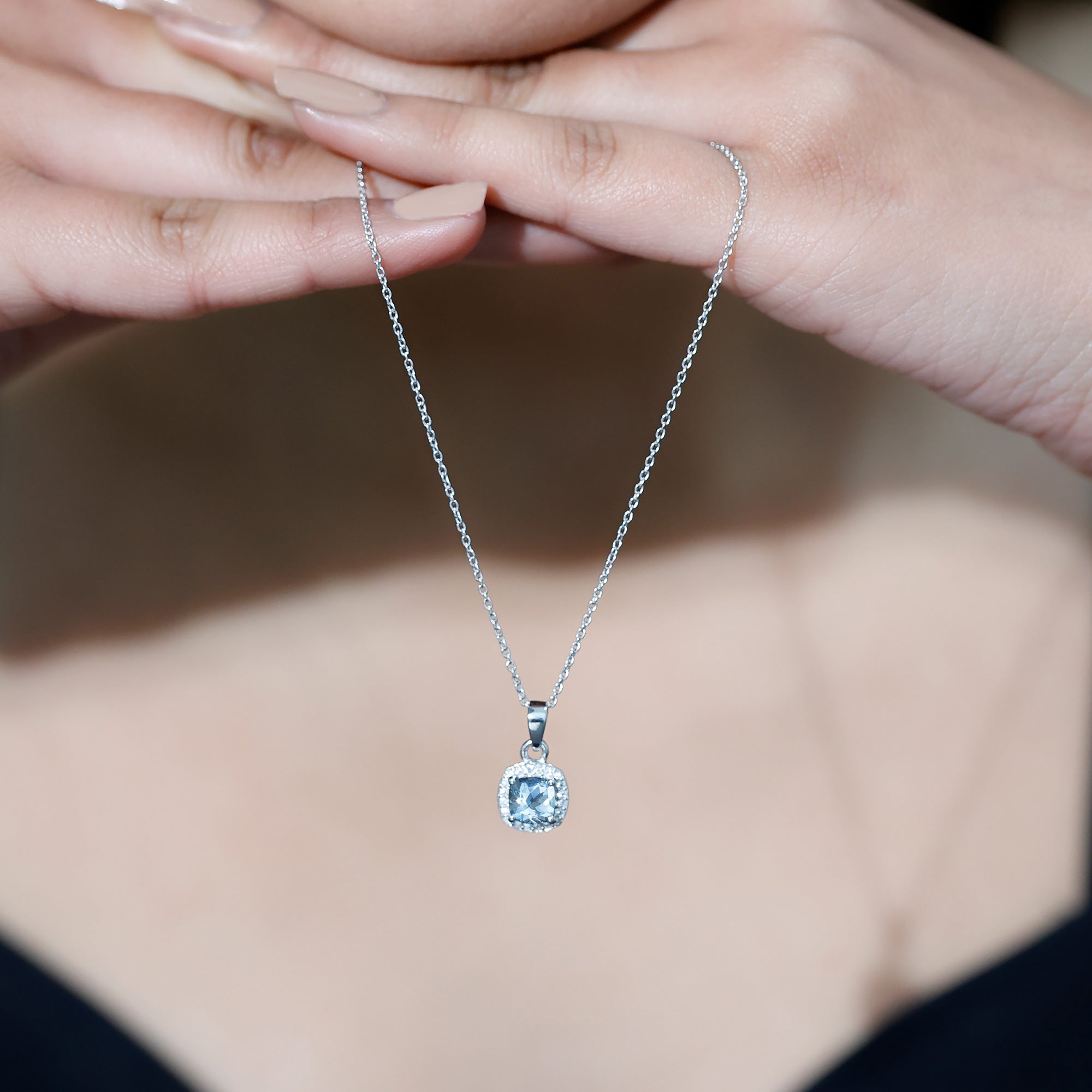 Cushion Cut 1 Carat Aquamarine Classic Necklace with Silver Chain AAA 92.5 Sterling Silver - Rosec Jewels