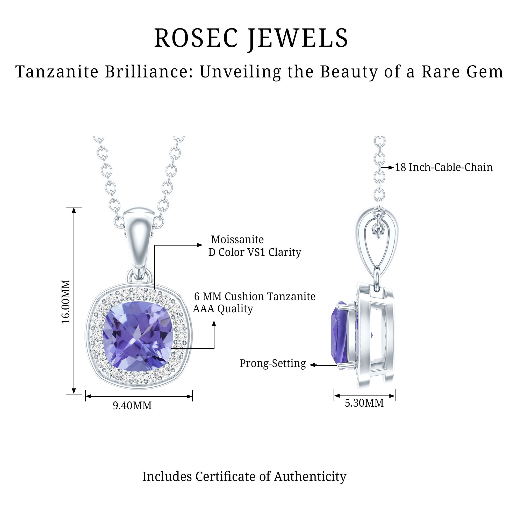 Real 1.2 Carat Tanzanite Bridal Necklace with Silver Chain AAA 92.5 Sterling Silver - Rosec Jewels