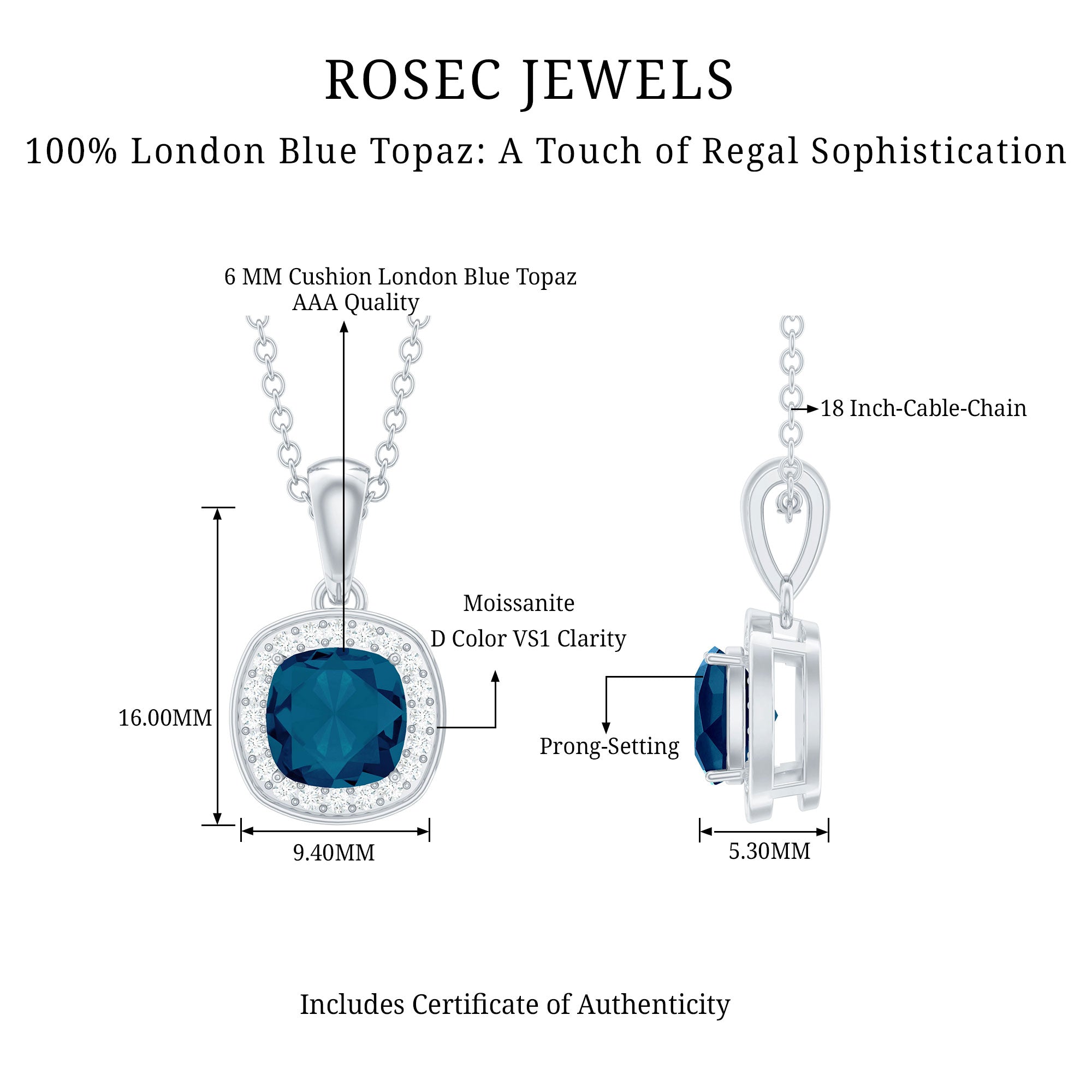 Natural 1 Carat London Blue Topaz Necklace with Chain AAA 92.5 Sterling Silver - Rosec Jewels